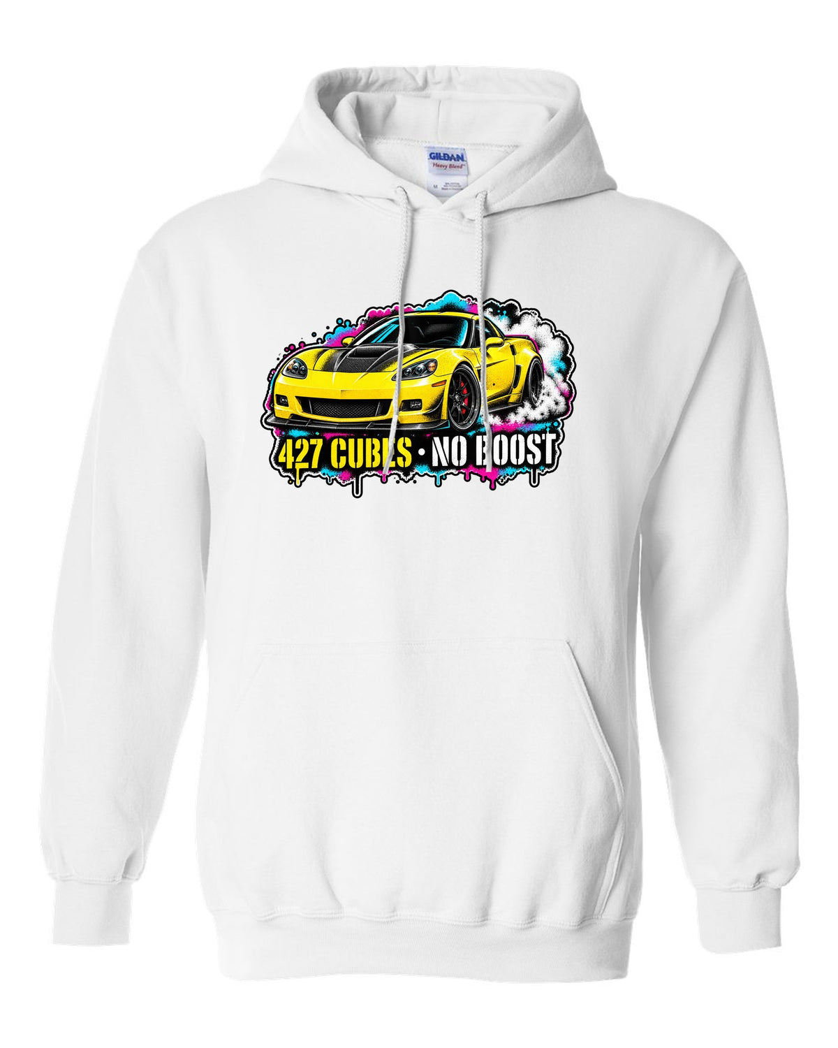 Stencil spray street art print of a 2006 Chevrolet Corvette C6 Z06 with 427 cubes no boost lettering white pull over hoodie front view with the design