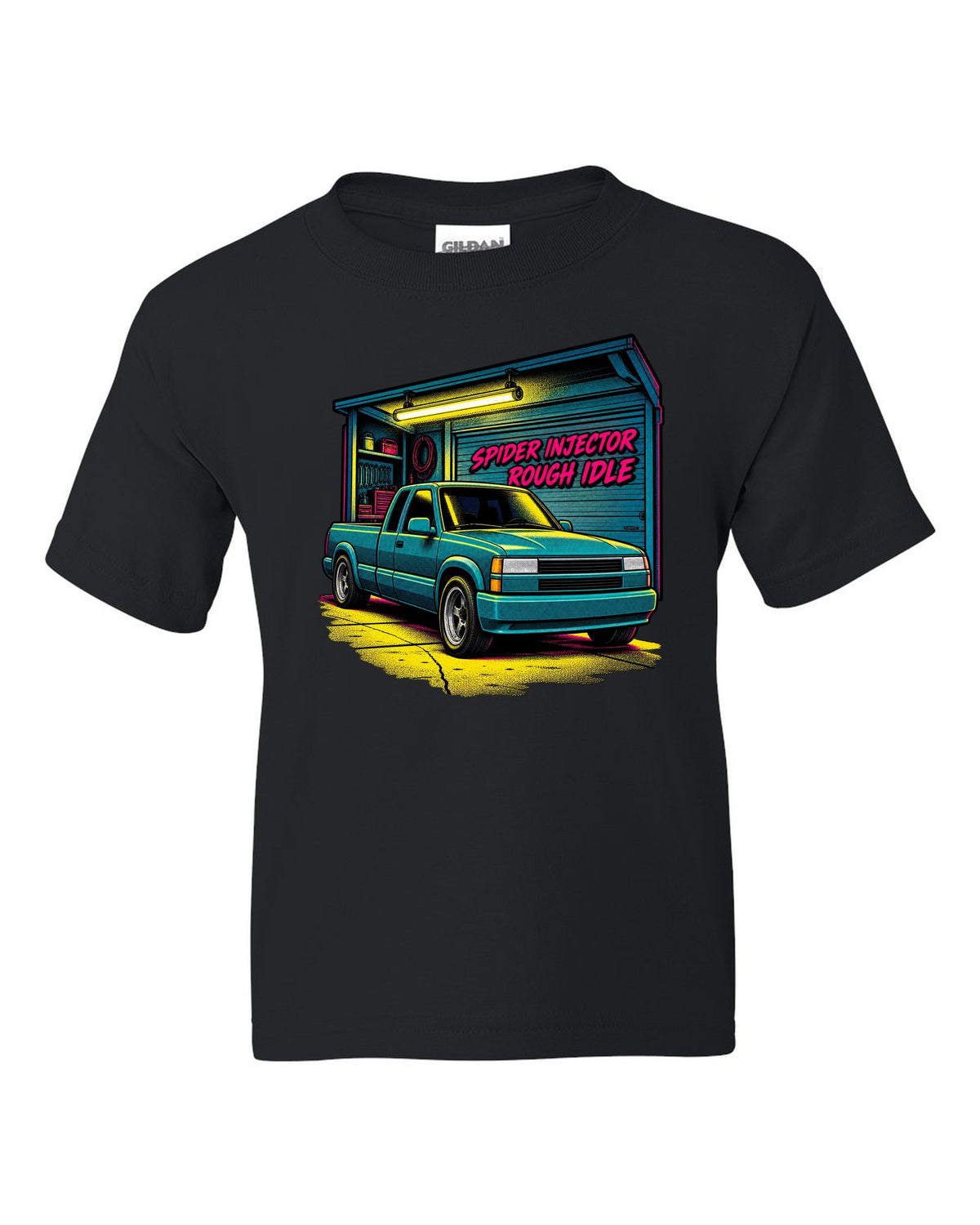 Comic halftone pop-art print of a 1988-98 Chevrolet GMT400 C1500 OBS extended cab with spider injector rough idle lettering black kids tee front view with the design