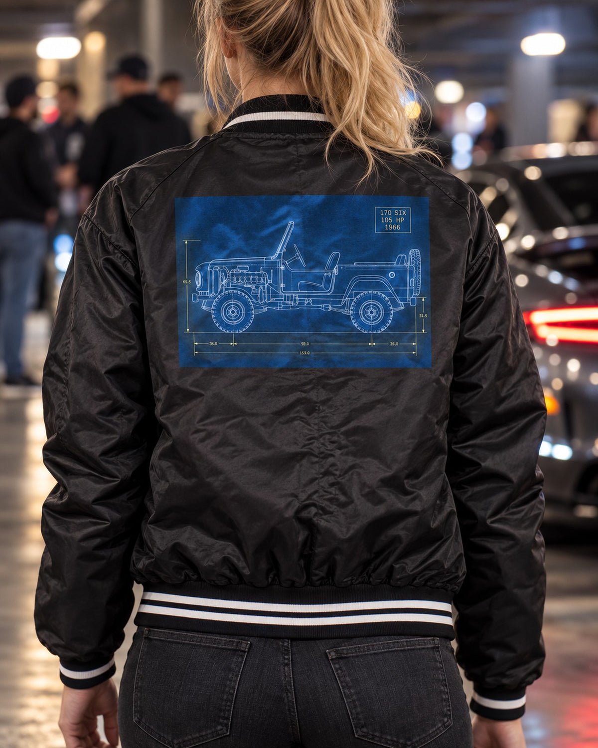 1966 Ford Bronco U13 Roadster Dawn Trailhead Blueprint Shirt Bomber Jacket Black worn hero