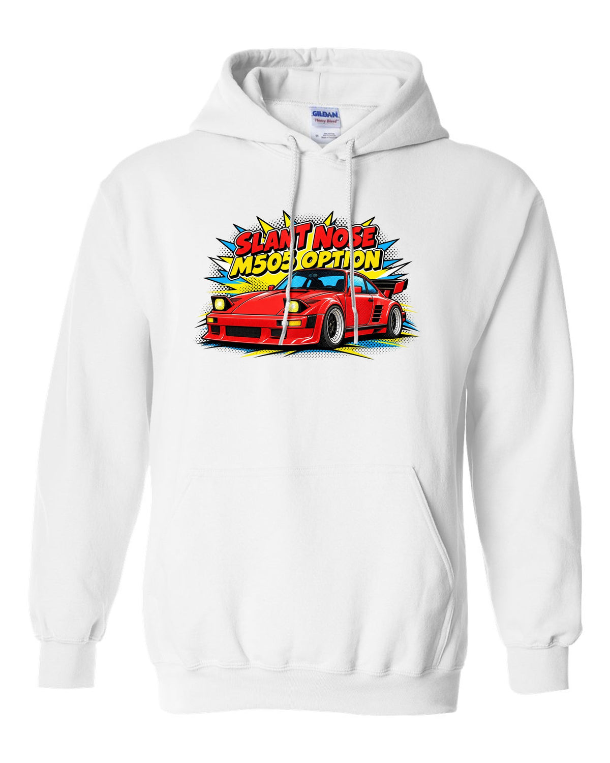 Porsche 930 Slant Nose pop-art halftone design with M505 option lettering white pull over hoodie front view with the design