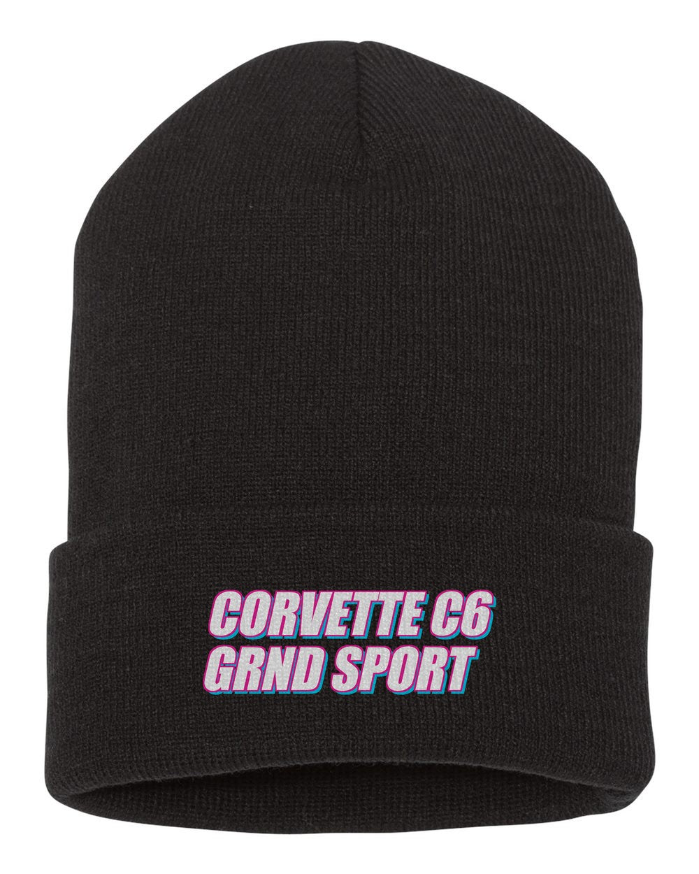 Corvette C6 Grnd Sport black beanie front view with car name