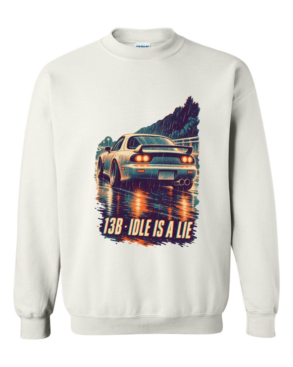 Three-colour risograph print for the Mazda RX-7 FD3S with 13B idle is a lie lettering white crewneck front view with the design