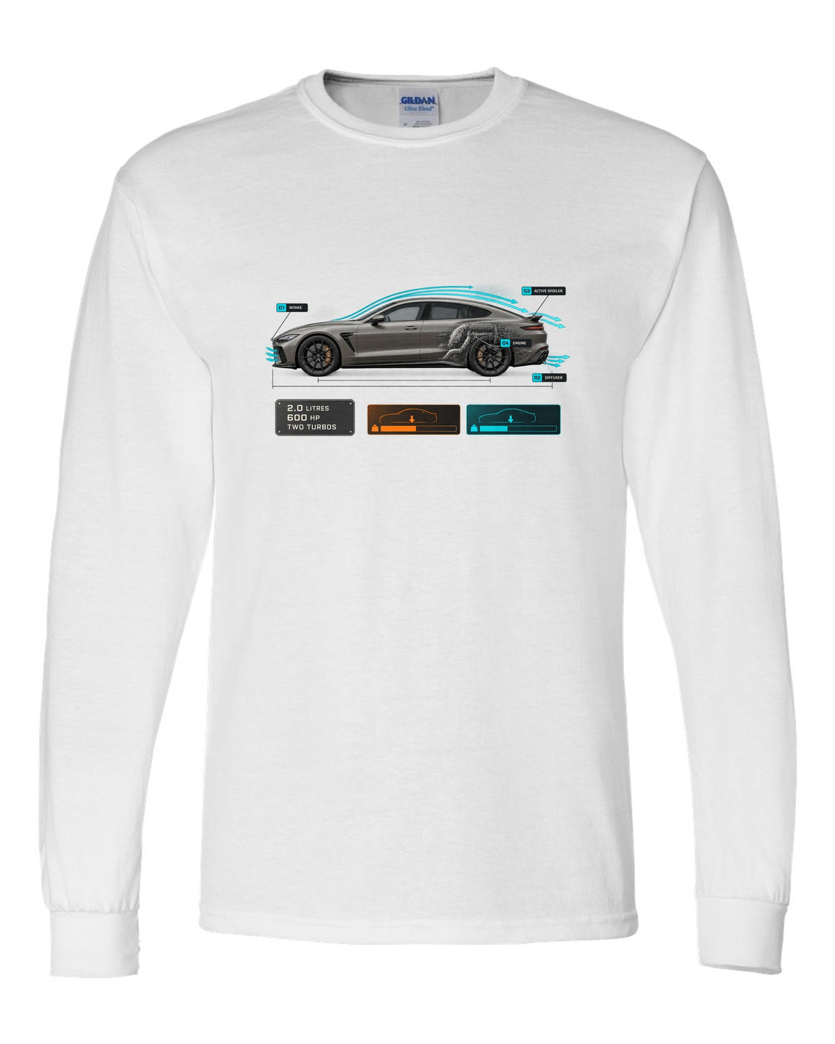 print of the Koenigsegg Gemera with aero callouts and the text 2.0 litres, 600 hp, two turbos white long sleeve front view with the design