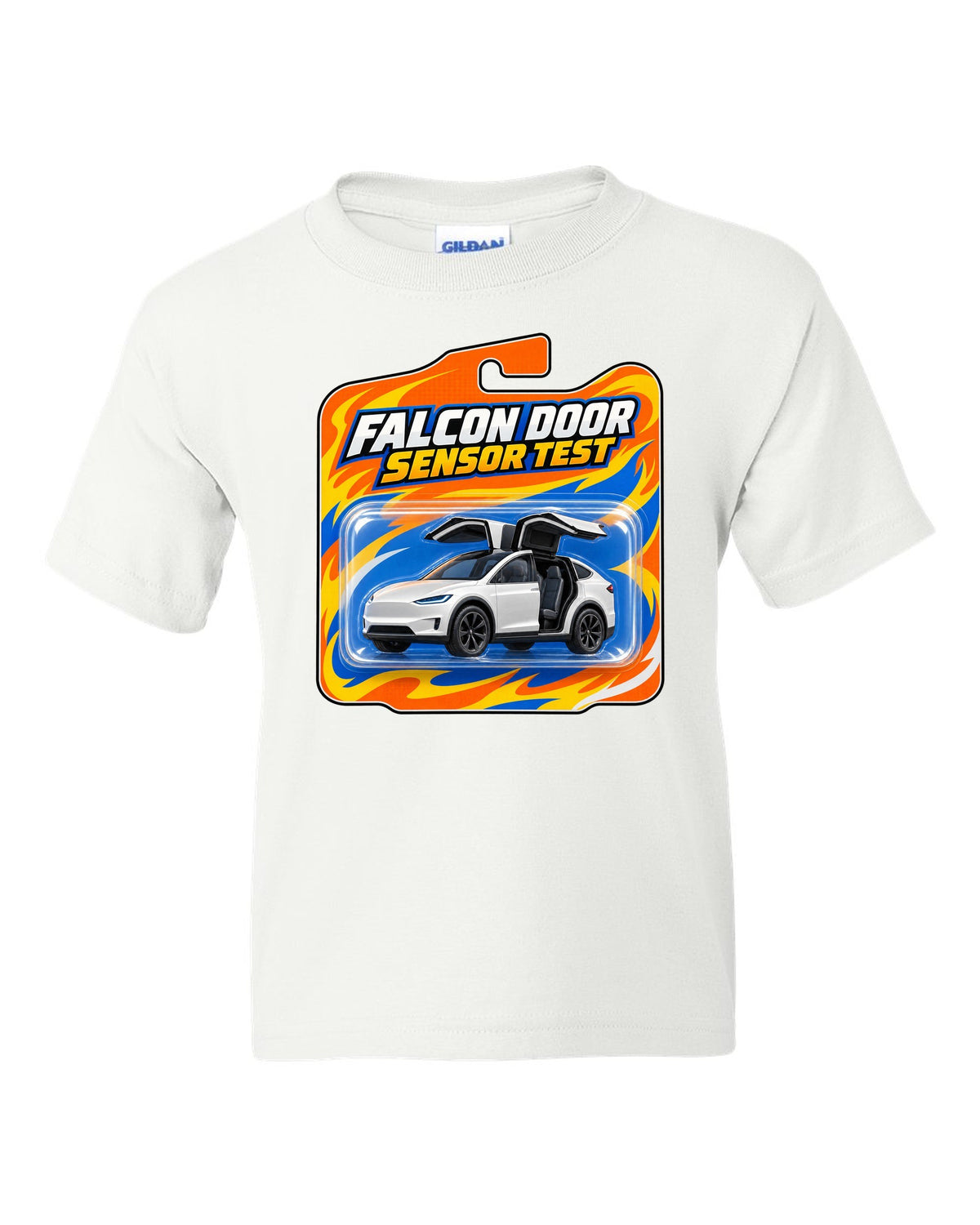 Toy blister card style print of a Tesla Model X reading Falcon Door Sensor Test white kids tee front view with the design