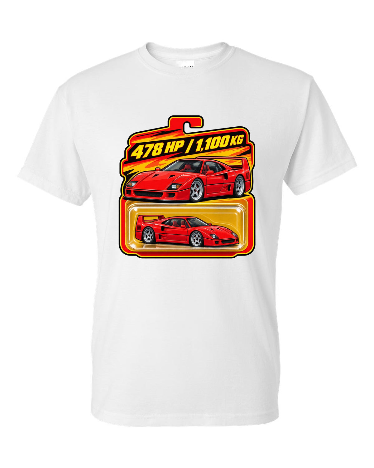 Toy blister-card print of a 1987 Ferrari F40 F120 with 478 HP and 1,100 KG text white t-shirt front view with the design