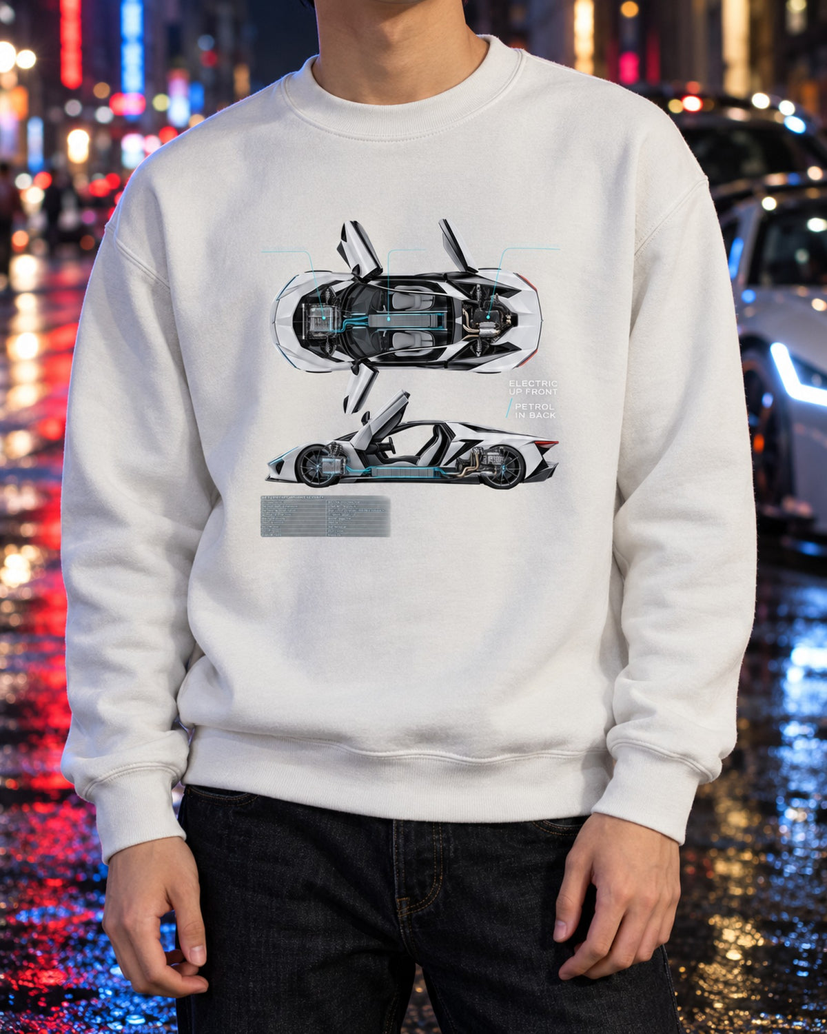 BMW i8 I12 Spec Poster Shirt, Electric Front Petrol Rear Crewneck White worn hero