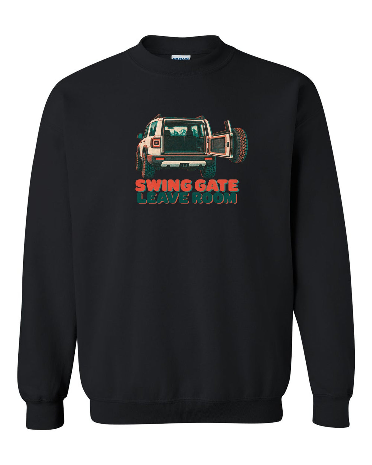 Risograph-style rear view of a Land Rover Defender L663 110 with spare wheel on the swing gate black crewneck front view with the design
