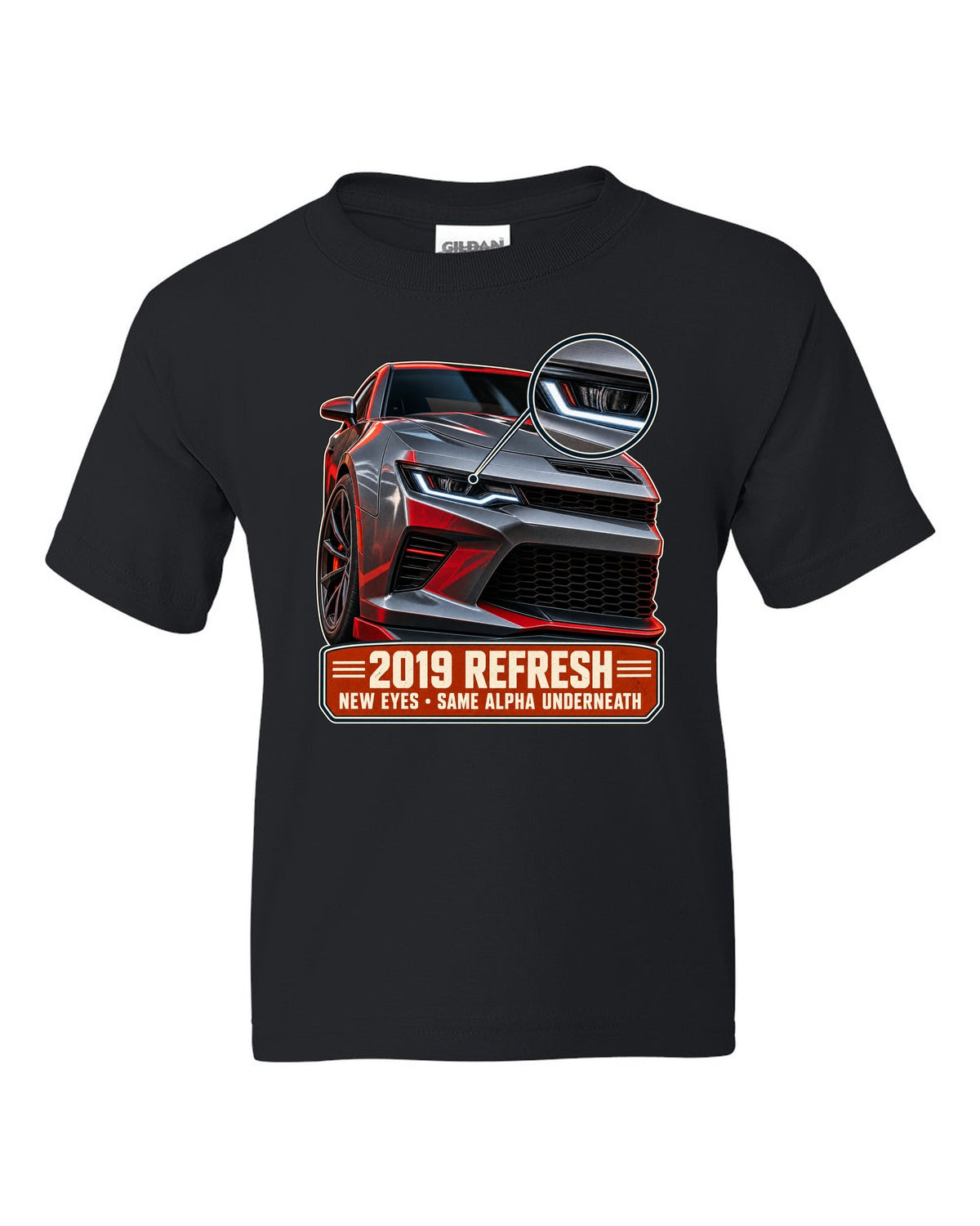 Macro detail print of a 2019 Chevrolet Camaro SS refresh black kids tee front view with the design