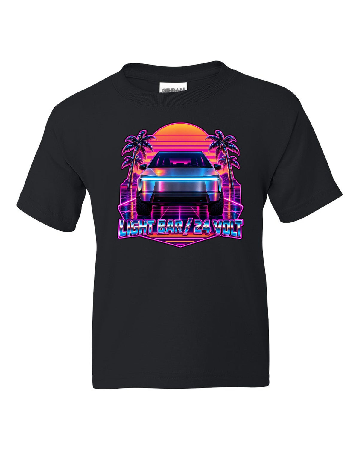 Neon synthwave outrun scene of a 2023 Tesla Cybertruck with the words Light Bar 24 Volt black kids tee front view with the design