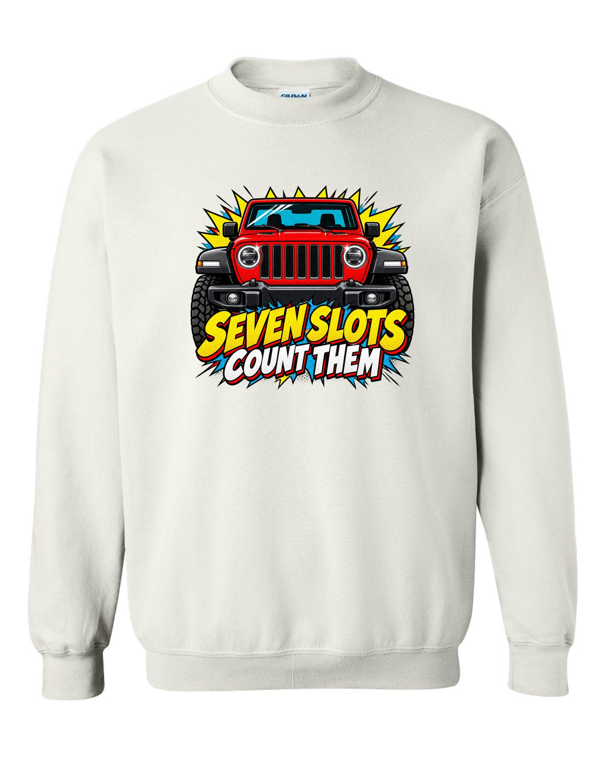 Comic halftone pop-art print of a Jeep Wrangler JL with seven slots text white crewneck front view with the design