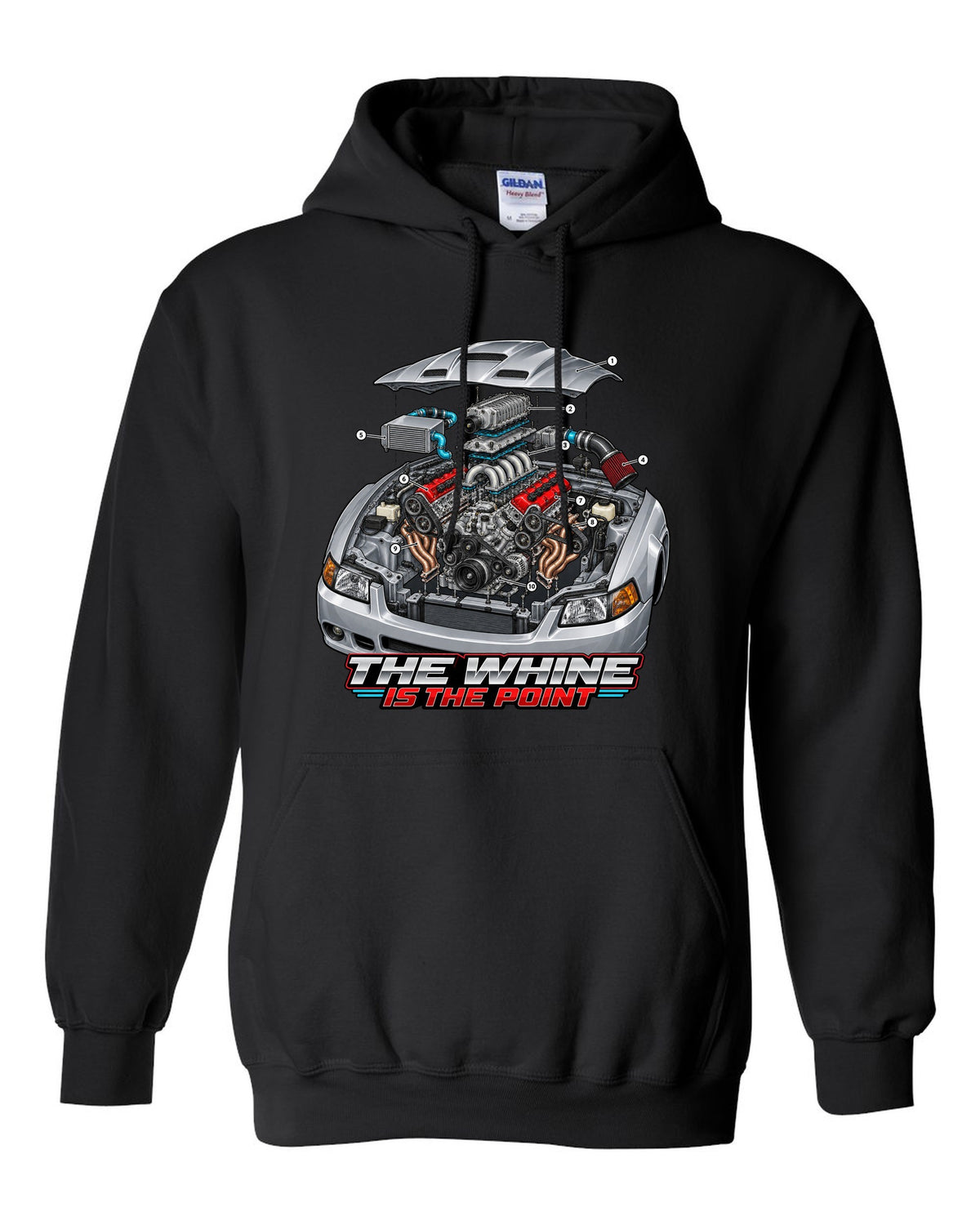 Exploded engine cutaway print of a supercharged Ford Mustang SN95 Terminator-spec black pull over hoodie front view with the design