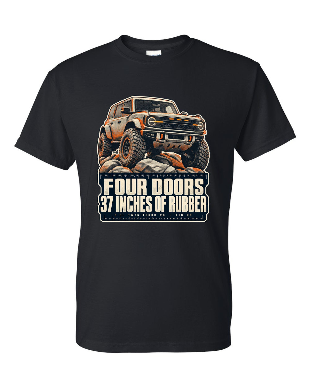 Ford Bronco Raptor halftone print with four doors 37 inches text black t-shirt front view with the design