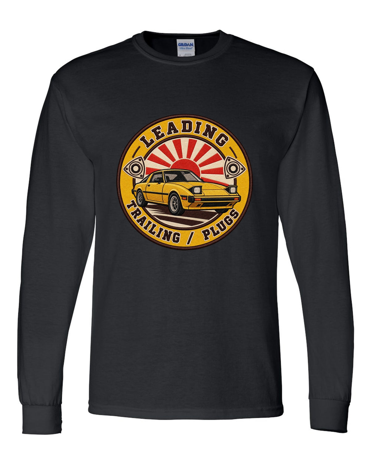 Embroidery-style roundel crest of a Mazda RX-7 SA22C with rotary plug text black long sleeve front view with the design