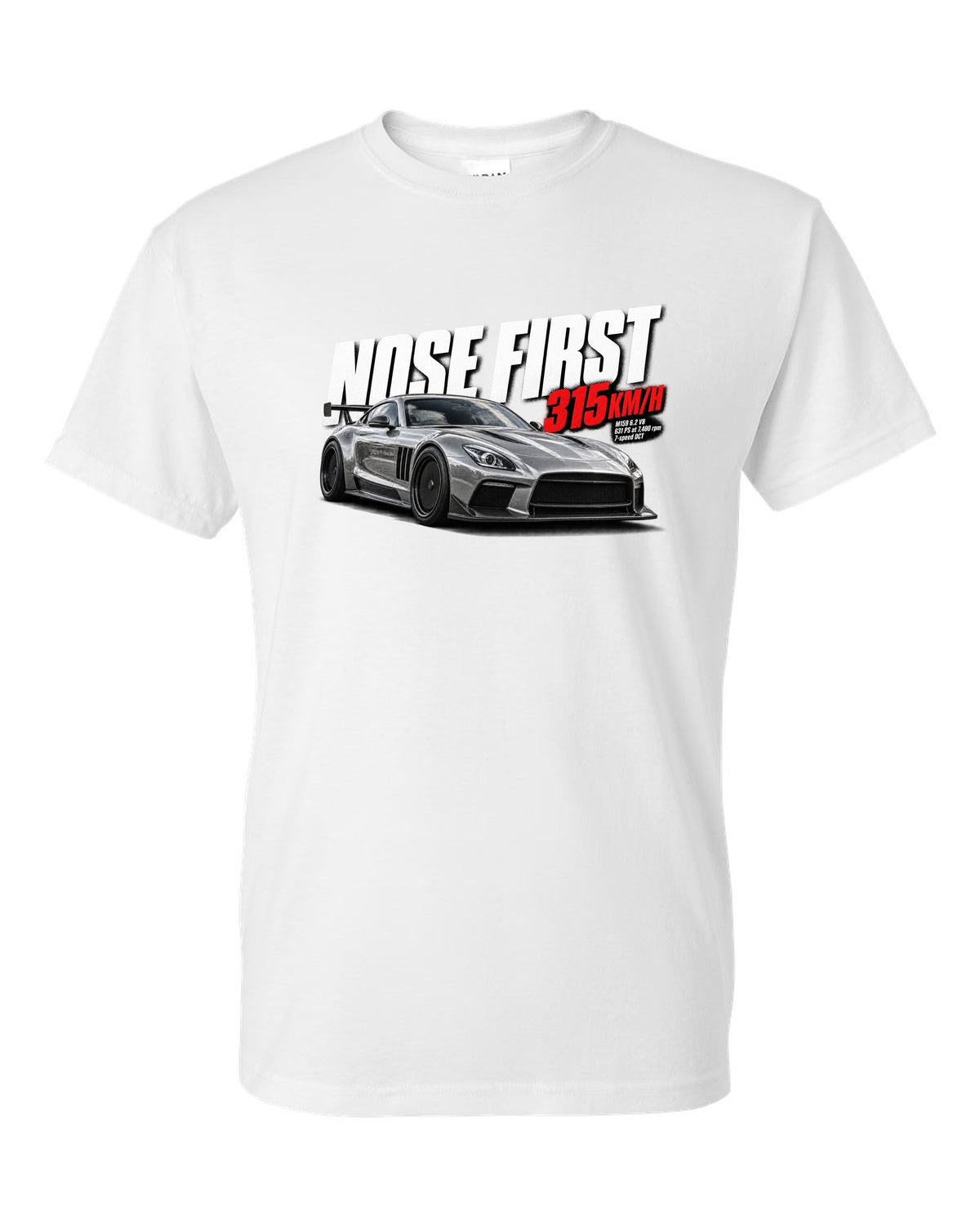 Halftone print of a Mercedes SLS AMG Black Series C197 with Nose First 315 km/h lettering white t-shirt front view with the design