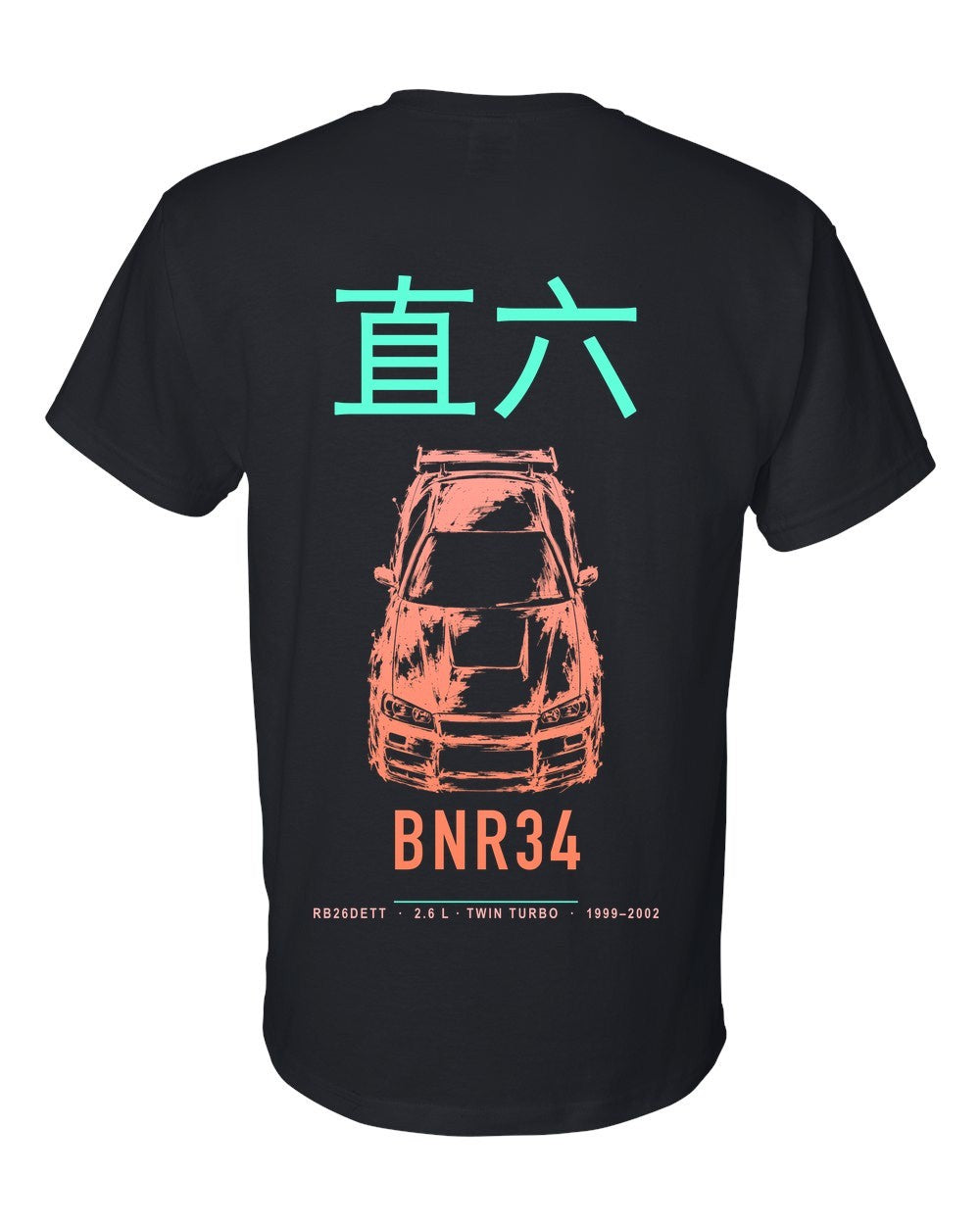 BNR34 full-back artwork black t-shirt back view with the design