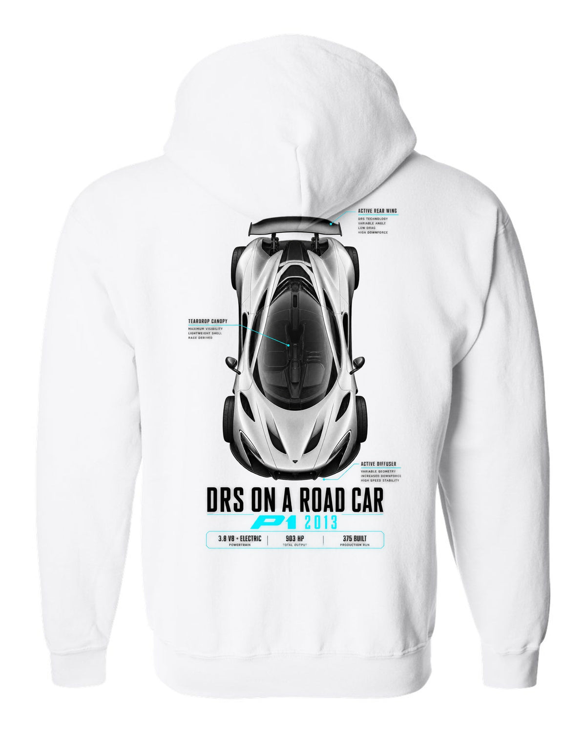 Spec poster print of a 2013 McLaren P1 with DRS on a road car text white zip hoodie back view with the design