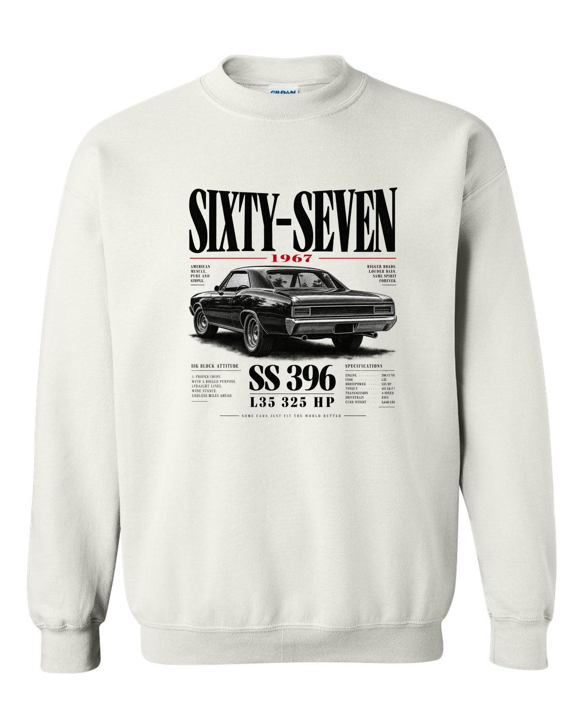 1967 Chevelle SS 396 rear three-quarter editorial headline print white crewneck front view with the design