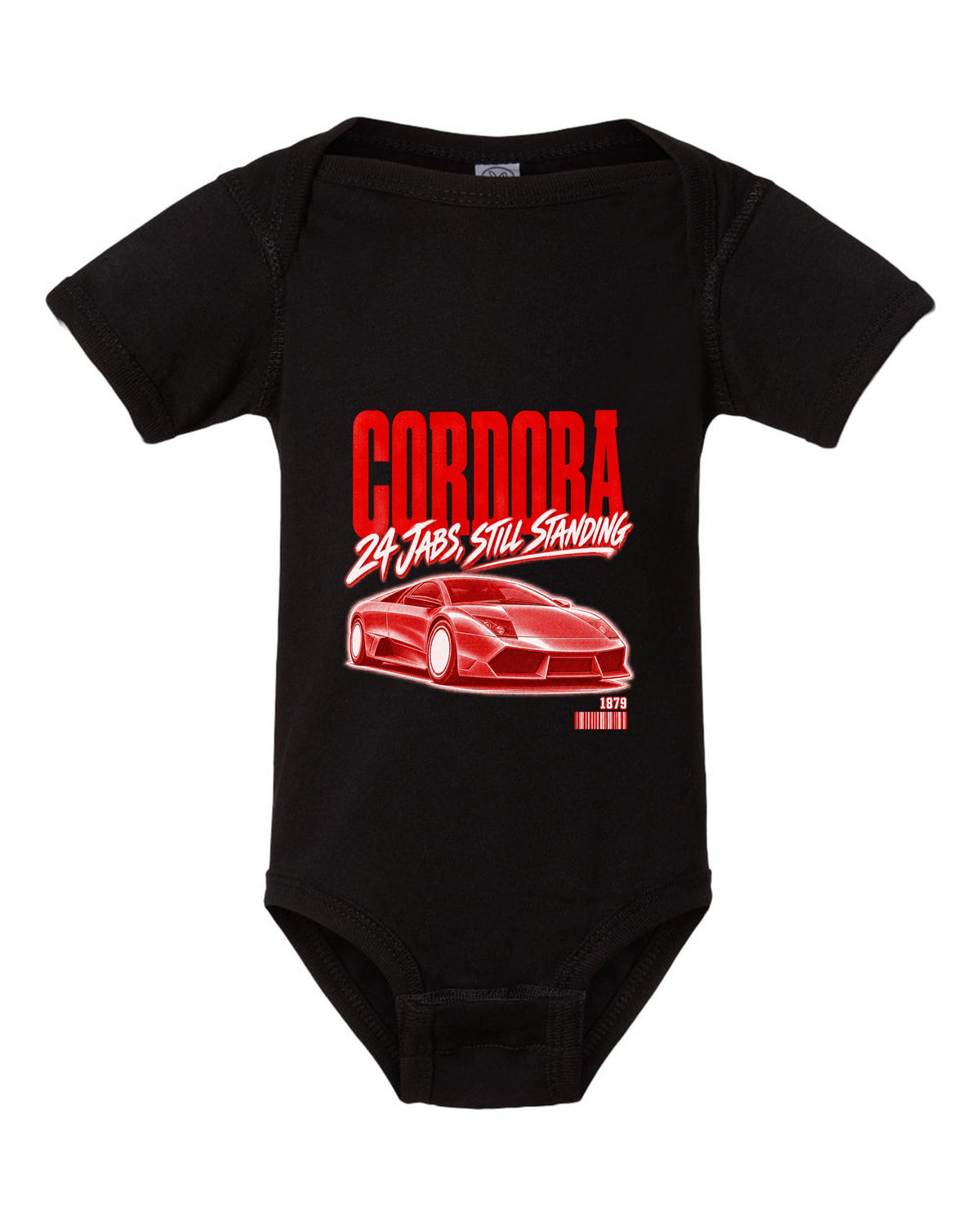Street poster print of a Lamborghini Murcielago LP640 with Cordoba and 1879 text black baby onesie front view with the design
