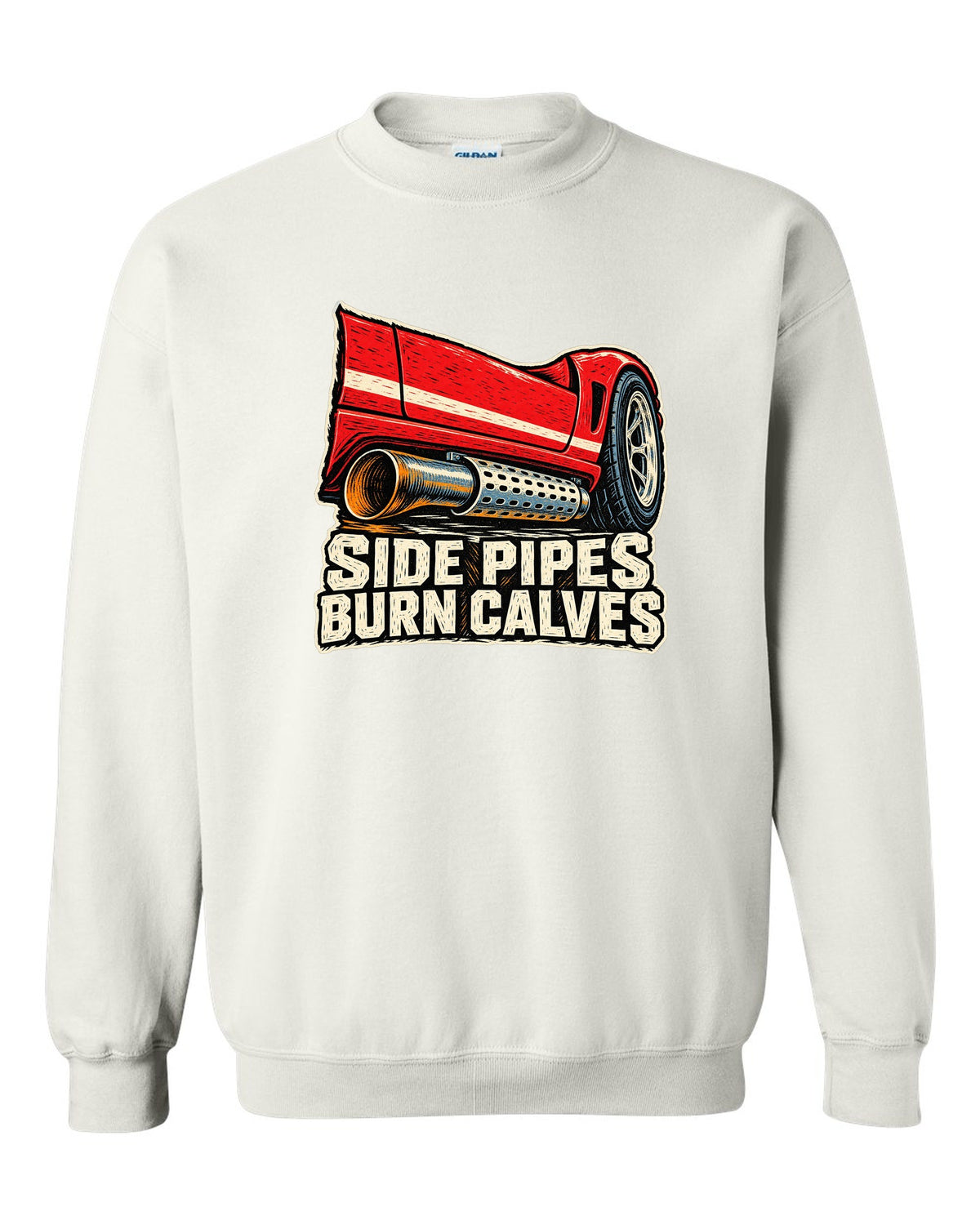 Dodge Viper RT/10 Side Pipe Linocut white crewneck front view with the design