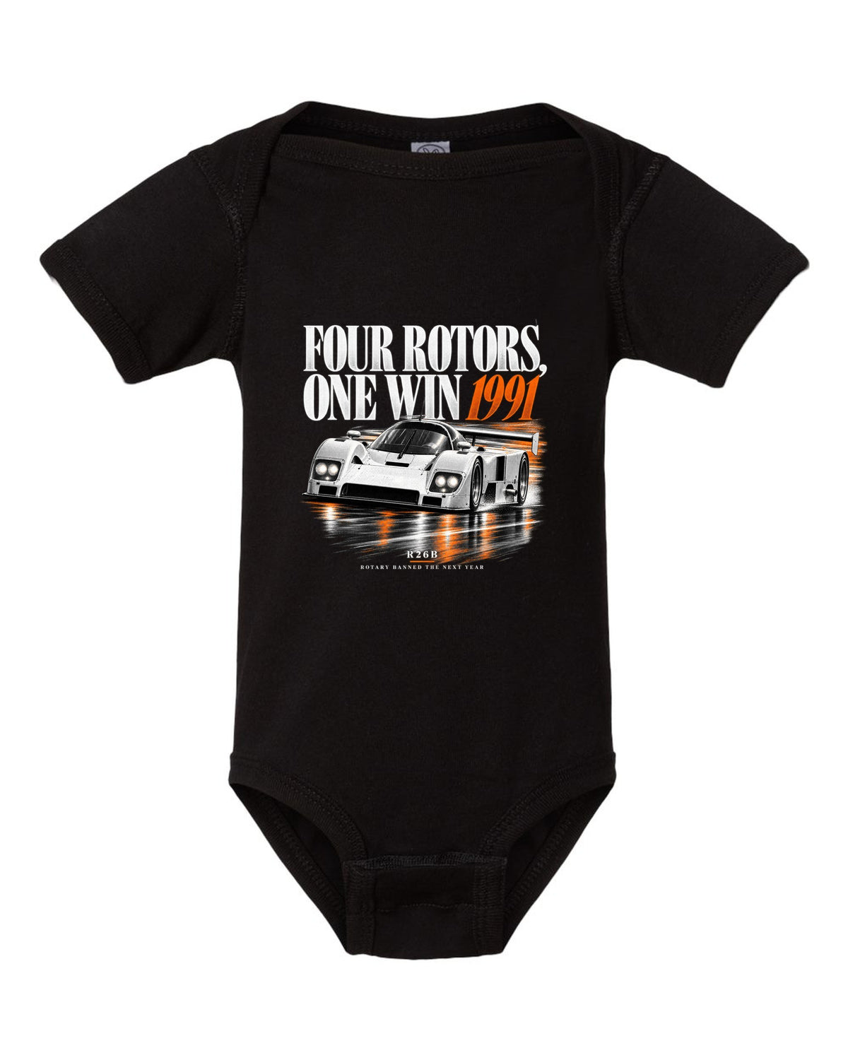 Mazda 787B four rotors editorial headline print, 1991 R26B black baby onesie front view with the design