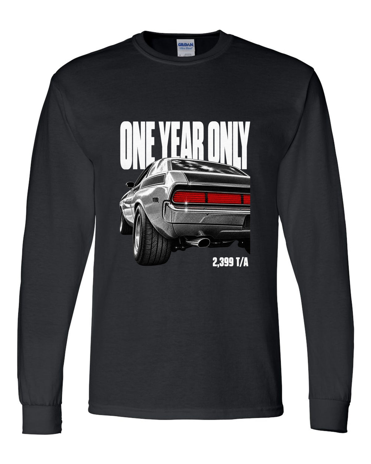 Taillight macro print of a 1970 Dodge Challenger T/A with one year only 2,399 T/A text black long sleeve front view with the design