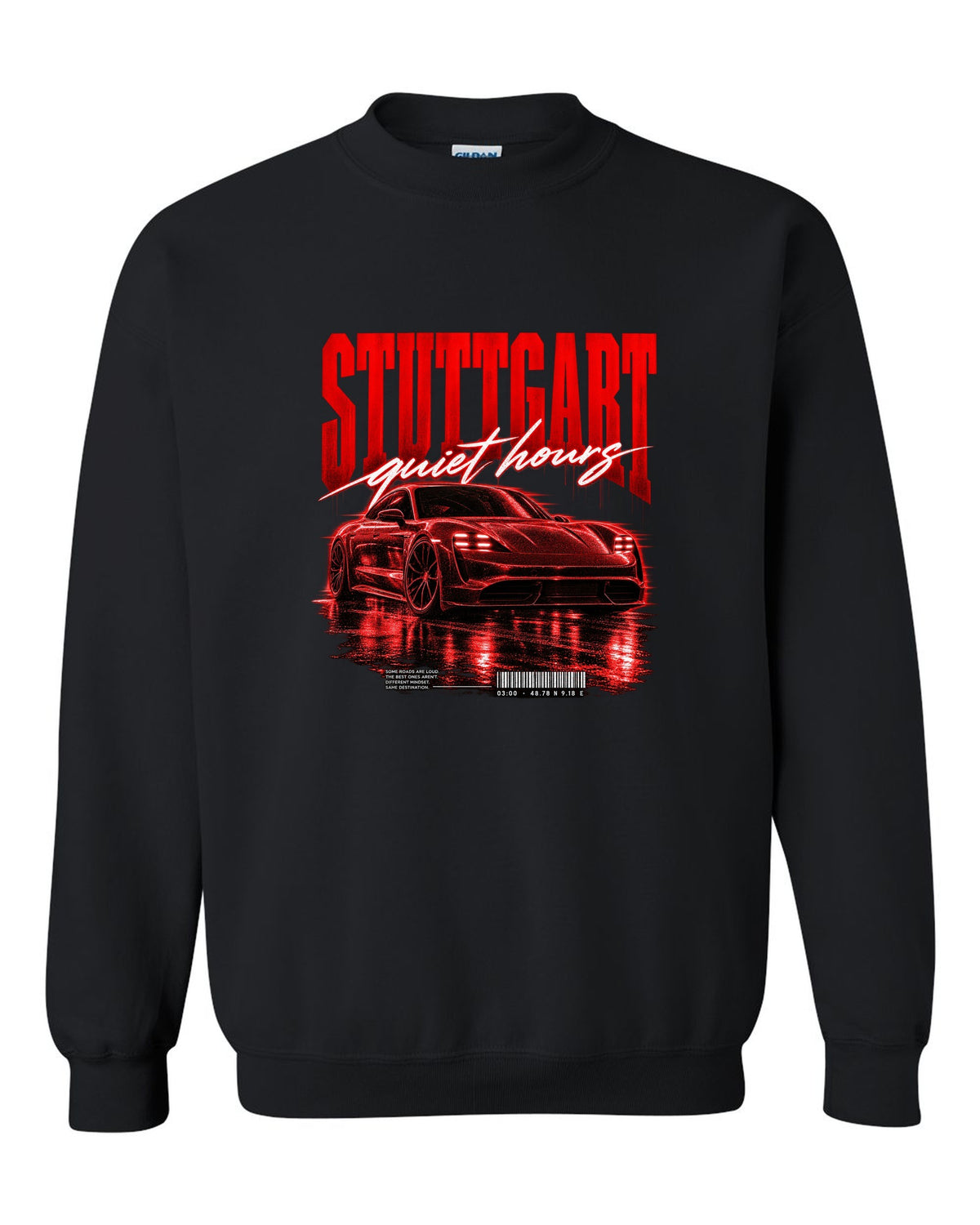 Low widebody Porsche Taycan Turbo S 9J1 street poster with Stuttgart coordinates black crewneck front view with the design