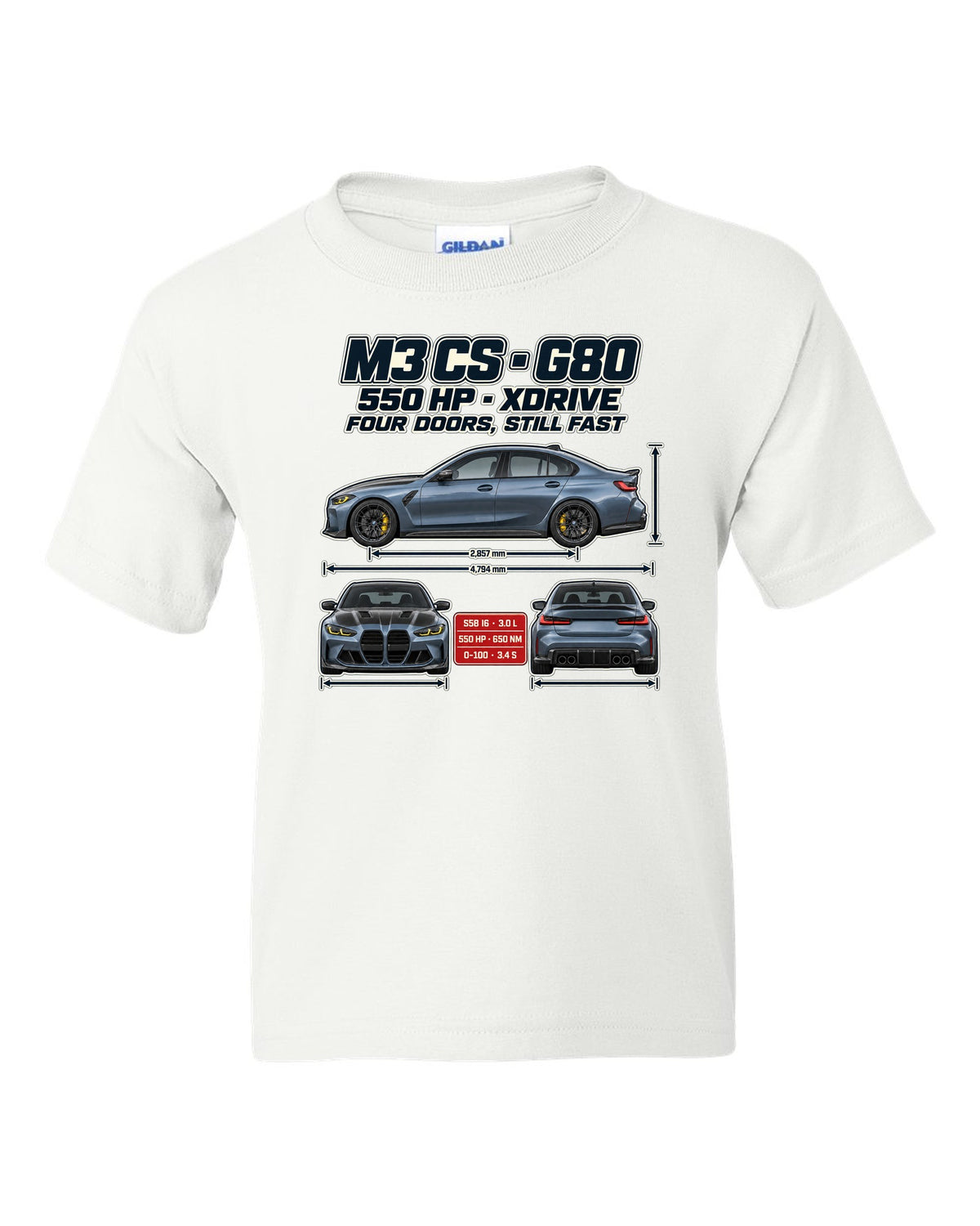 BMW M3 CS G80 2023 spec poster print white kids tee front view with the design