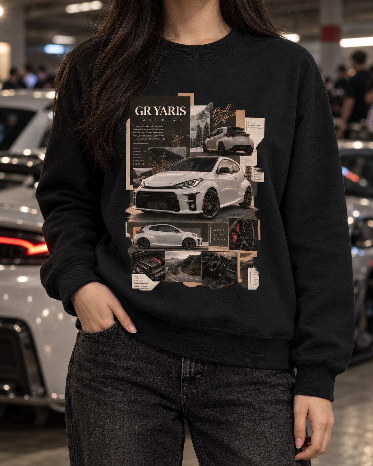 Toyota GR Yaris XP210 Three-View Spec Sheet Shirt, 2020-2024 Crewneck Black worn hero