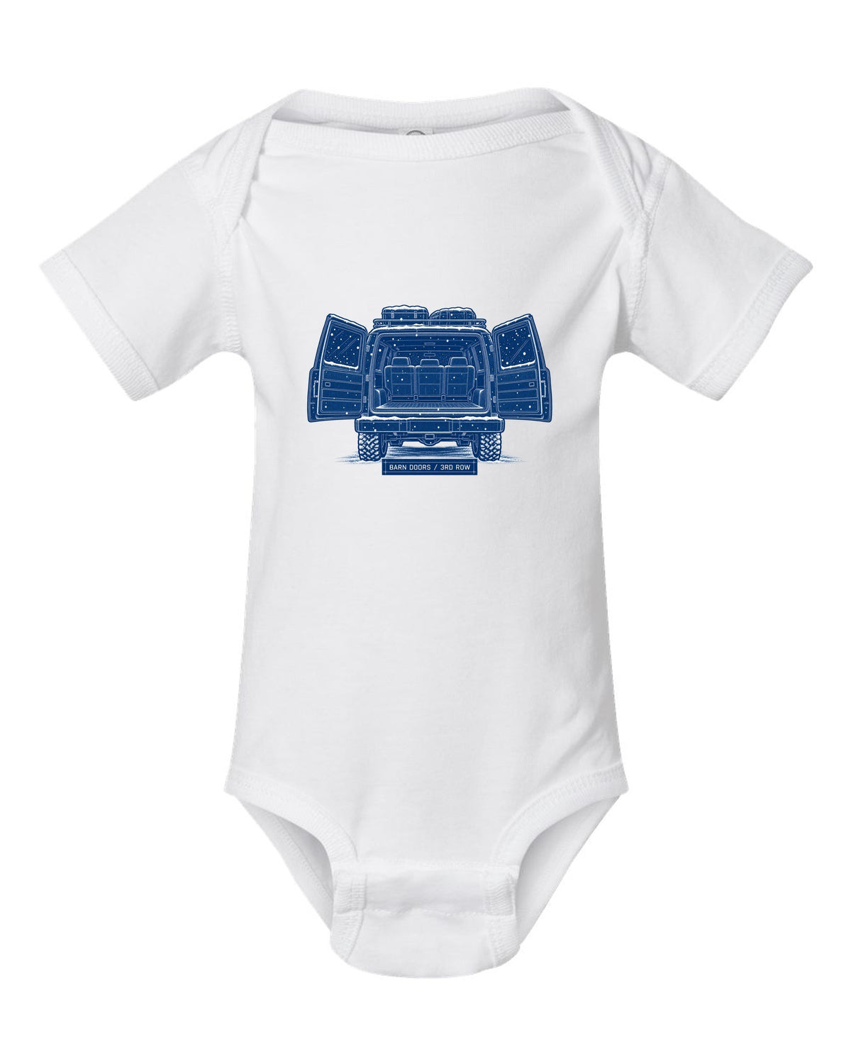 Cyanotype blueprint print of a 1992-1999 Chevrolet Suburban GMT400 with Barn Doors and 3rd Row text white baby onesie front view with the design