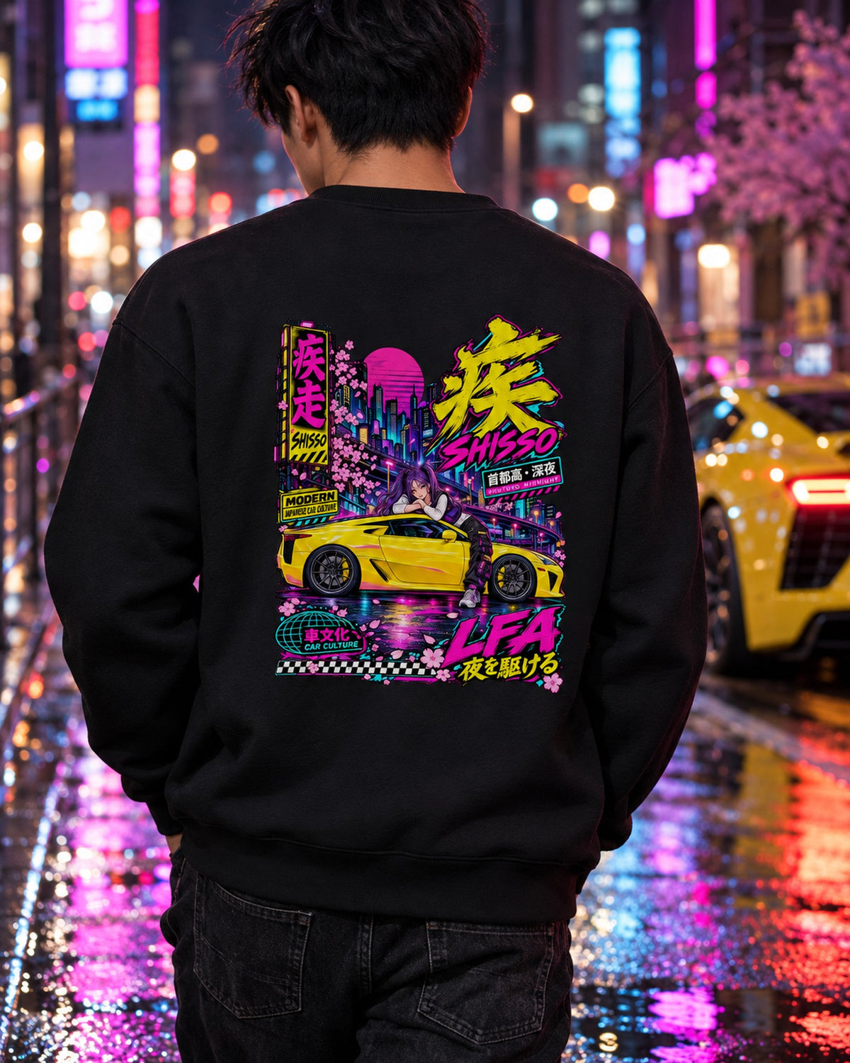 SHISSO LFA Anime Girl Full-Back Graphic Tee Crewneck Black worn hero