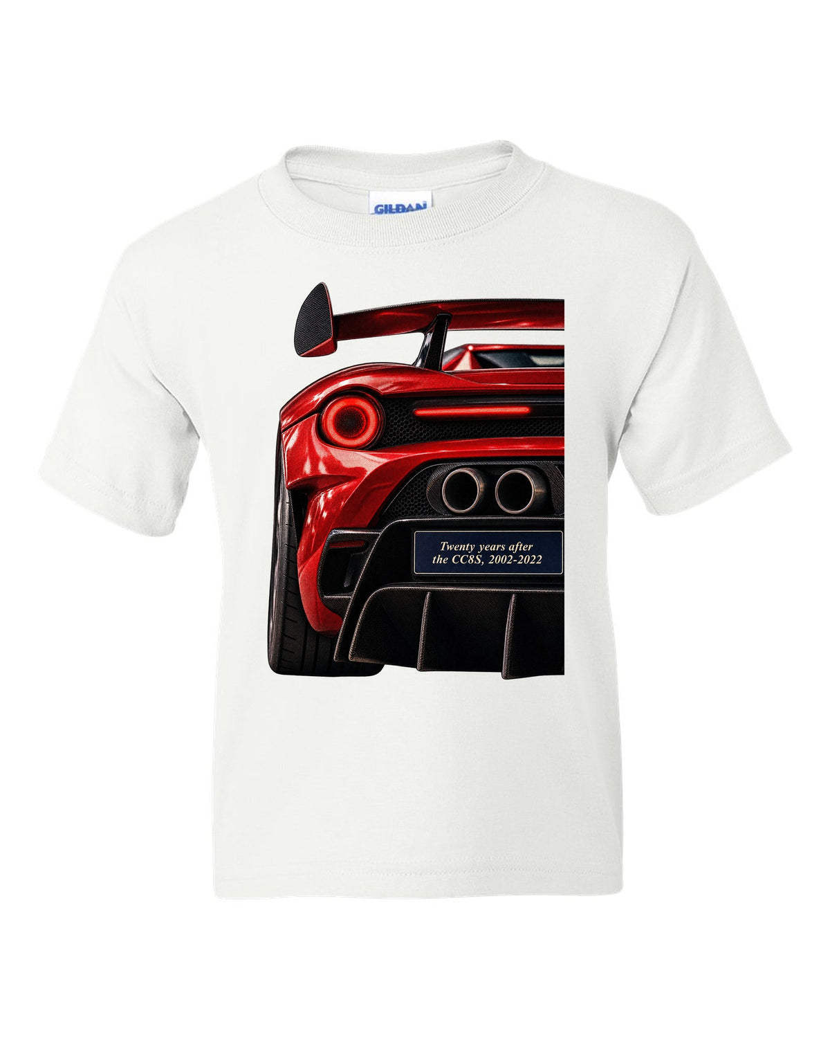 Taillight macro print of the Koenigsegg CC850 with the text twenty years after the CC8S, 2002-2022 white kids tee front view with the design