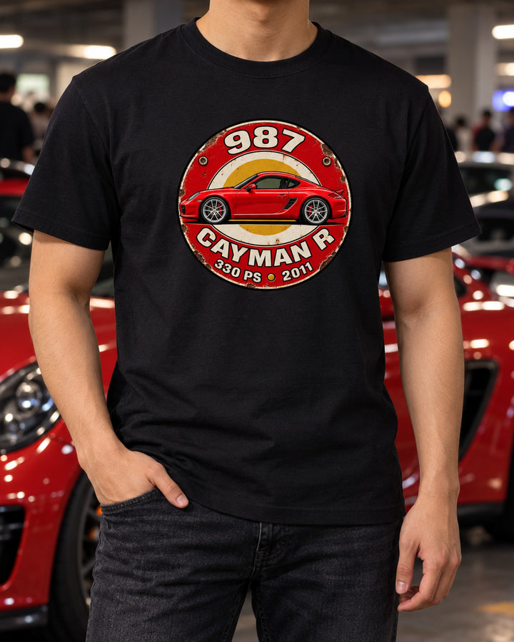 Porsche 987 Cayman R Enamel Garage Sign Shirt, 330 PS T-Shirt Black worn hero