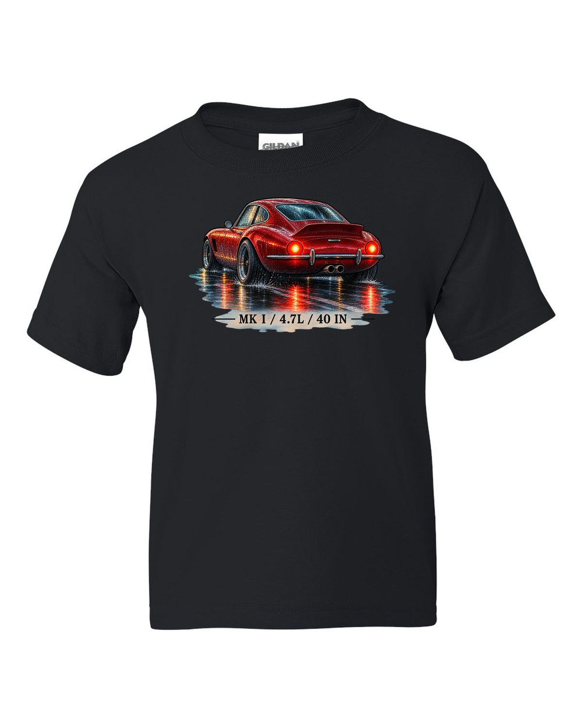 Watercolour of a Ford GT40 Mk I on a wet night road with 4.7L lettering black kids tee front view with the design