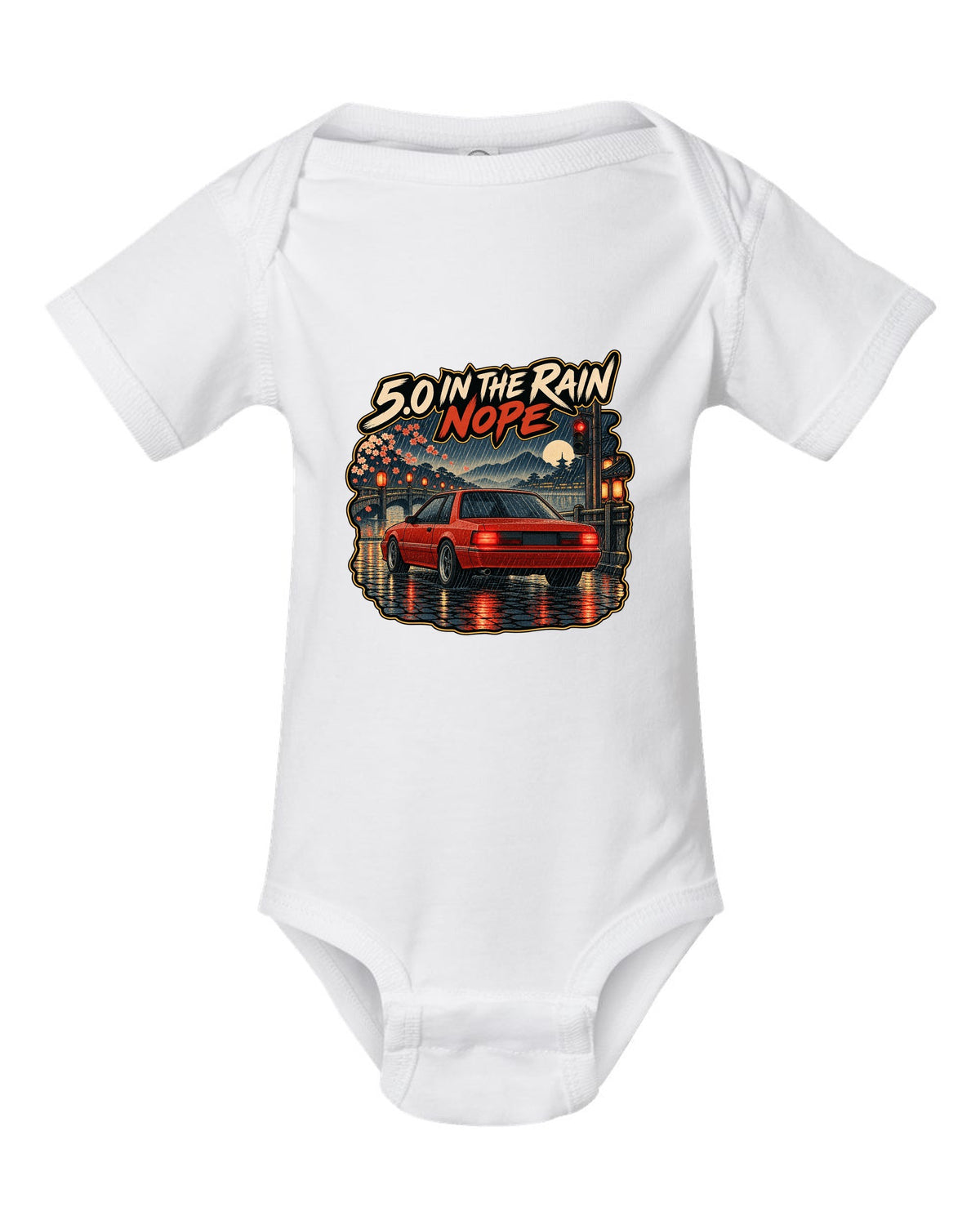 Woodblock style 1990 Ford Mustang Fox Body notchback in rain with 5.0 caption white baby onesie front view with the design