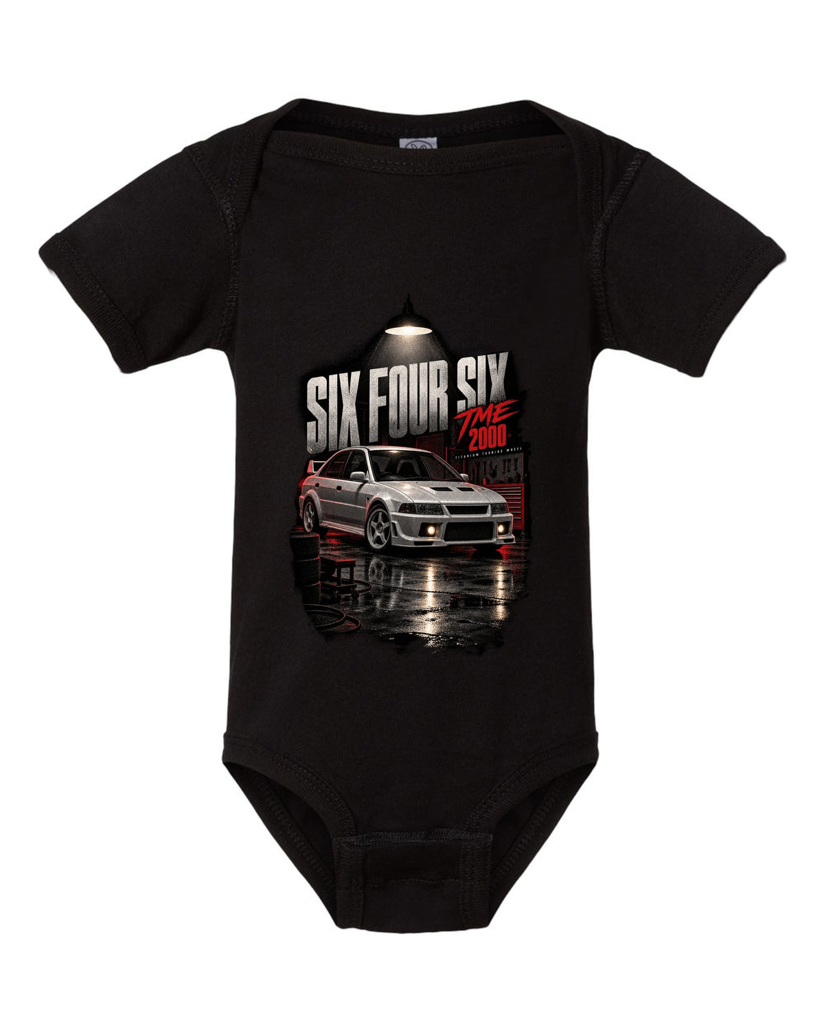 Garage night print for the Mitsubishi Lancer Evolution VI TME CP9A reading Six Four Six, titanium turbine wheel, 2000 black baby onesie front view with the design