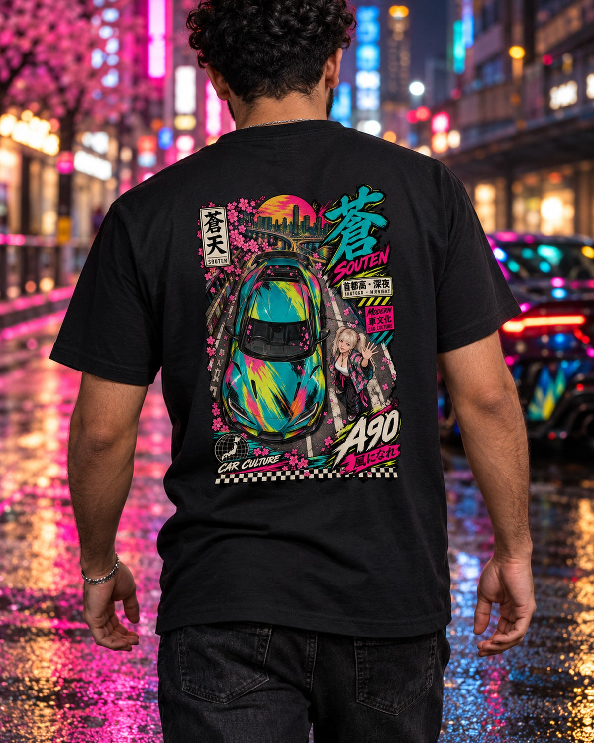 SOUTEN A90 Anime Girl Full-Back Graphic Tee T-Shirt Black worn hero