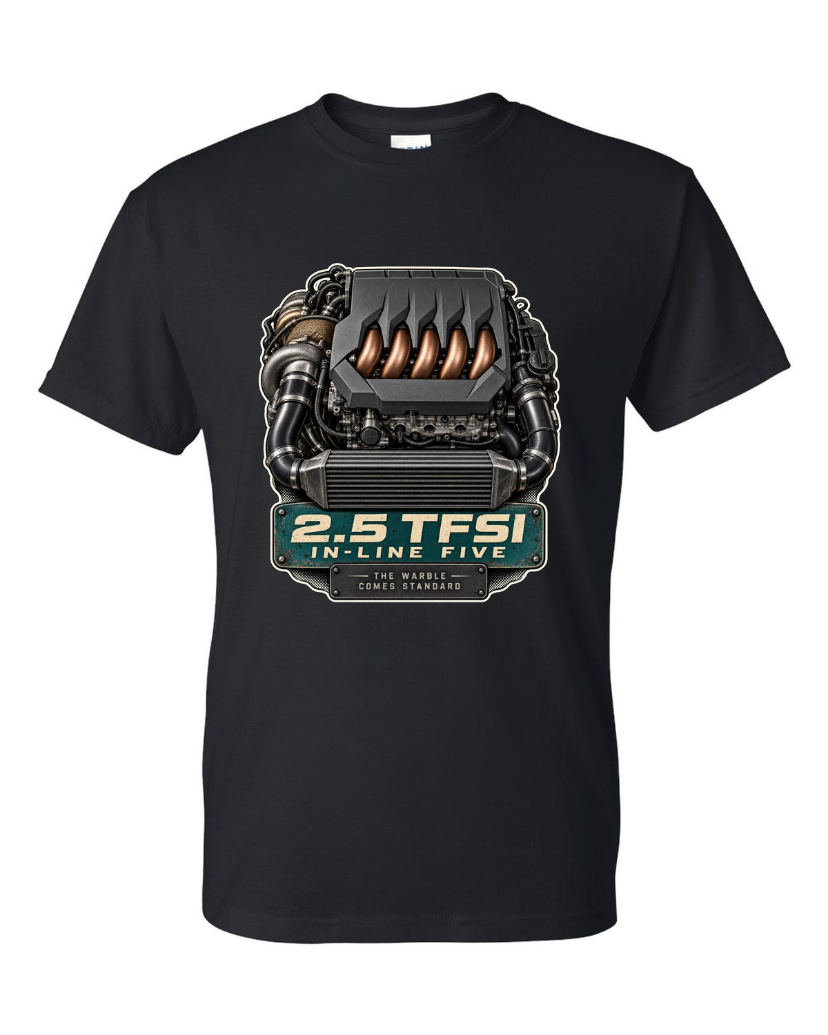 Engine bay print of the Audi RS3 8Y 2.5 TFSI in-line five black t-shirt front view with the design