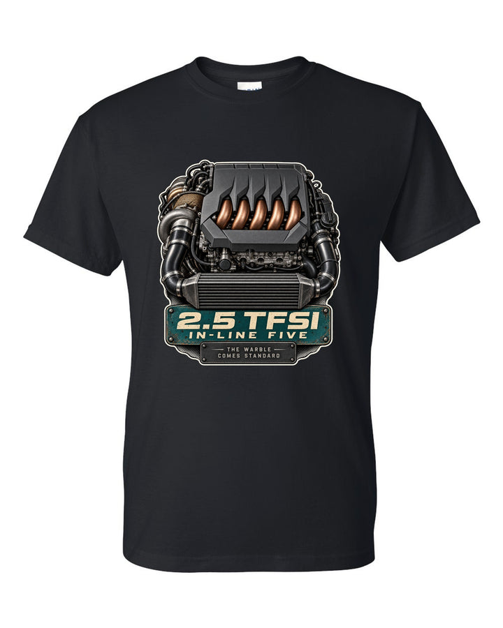 Engine bay print of the Audi RS3 8Y 2.5 TFSI in-line five black t-shirt front view with the design