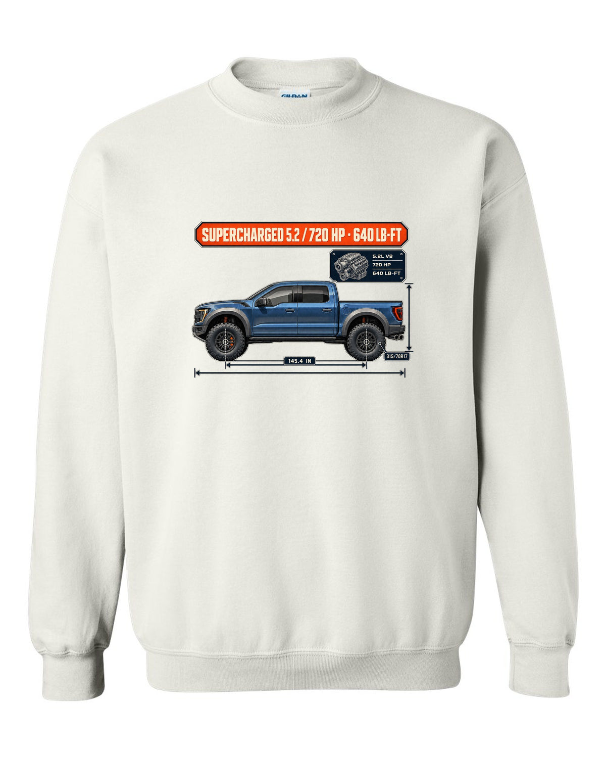 Ford F-150 Raptor R 2023 dimension blueprint print with 720 HP spec white crewneck front view with the design
