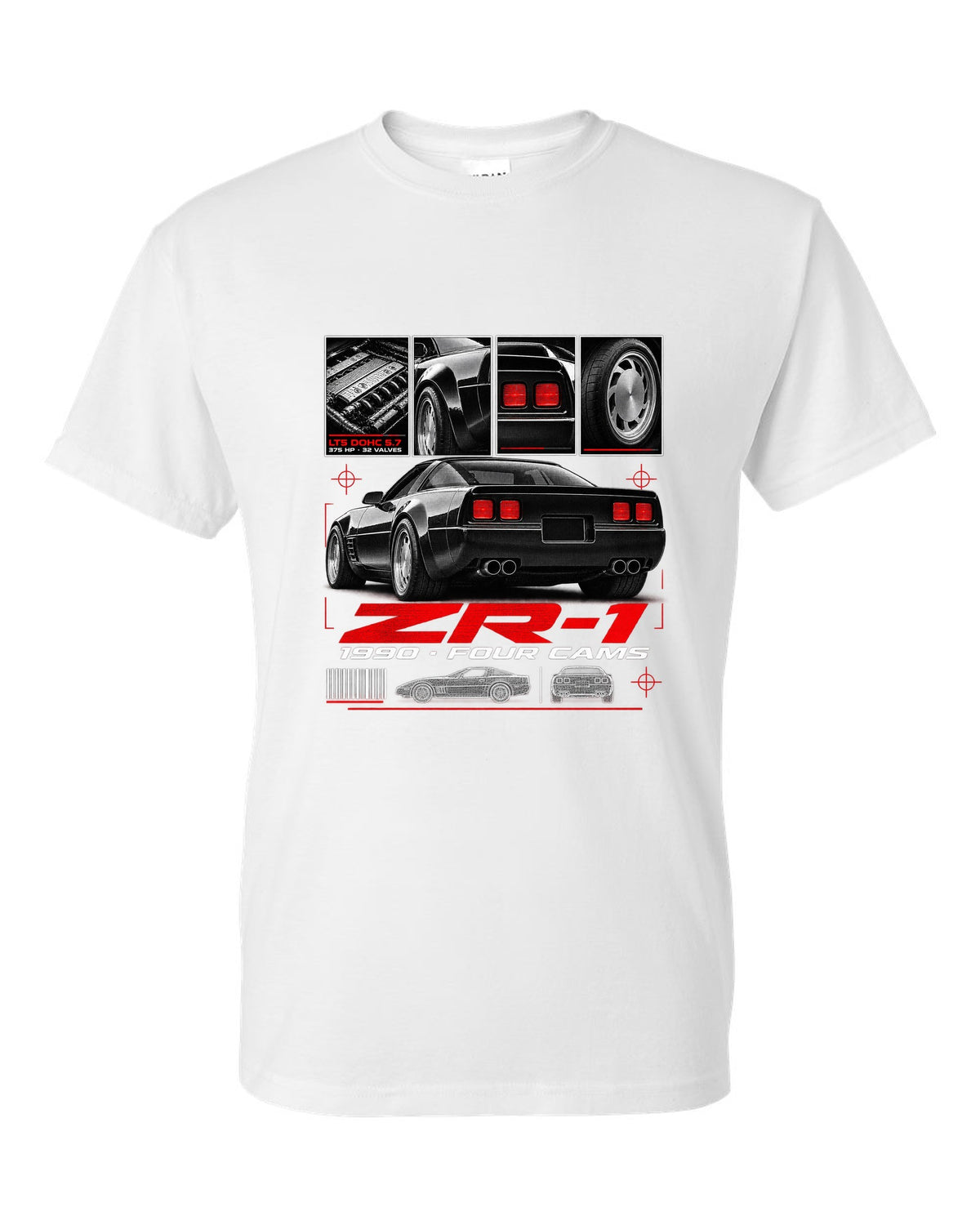 Chevrolet Corvette C4 ZR-1 1990 LT5 dossier print wide rear white t-shirt front view with the design
