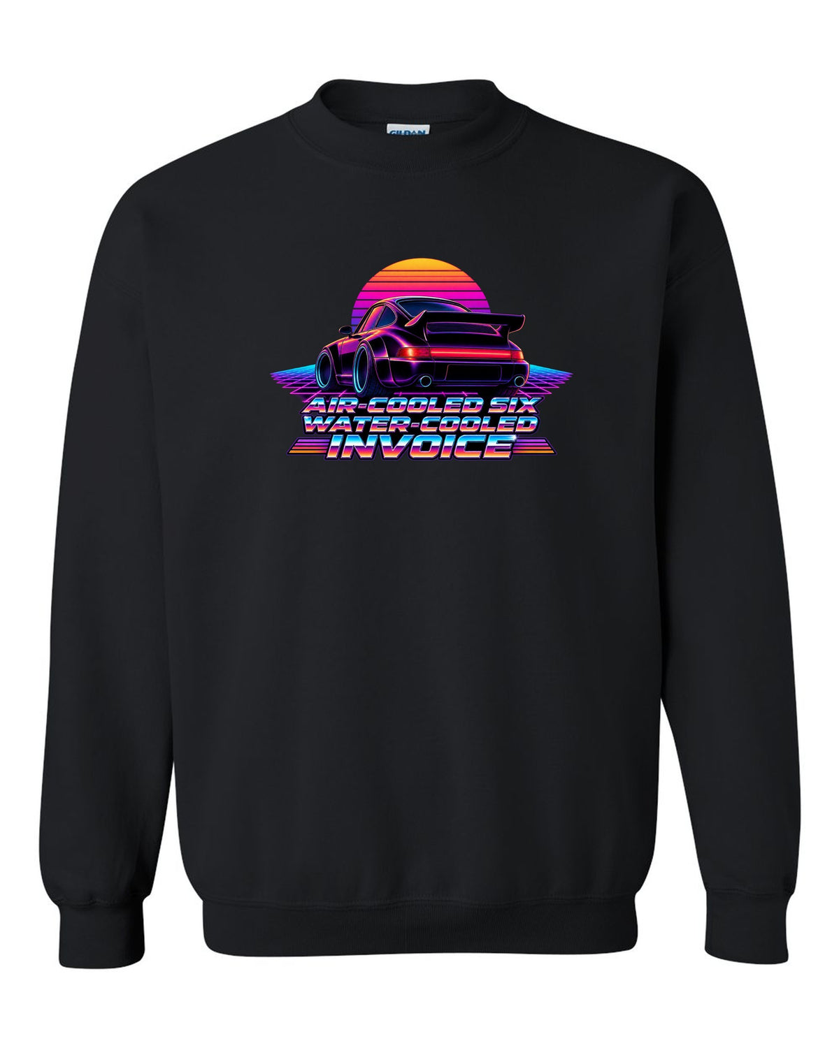 Synthwave gradient print of a Porsche 911 Turbo 964 with air-cooled six water-cooled invoice lettering black crewneck front view with the design
