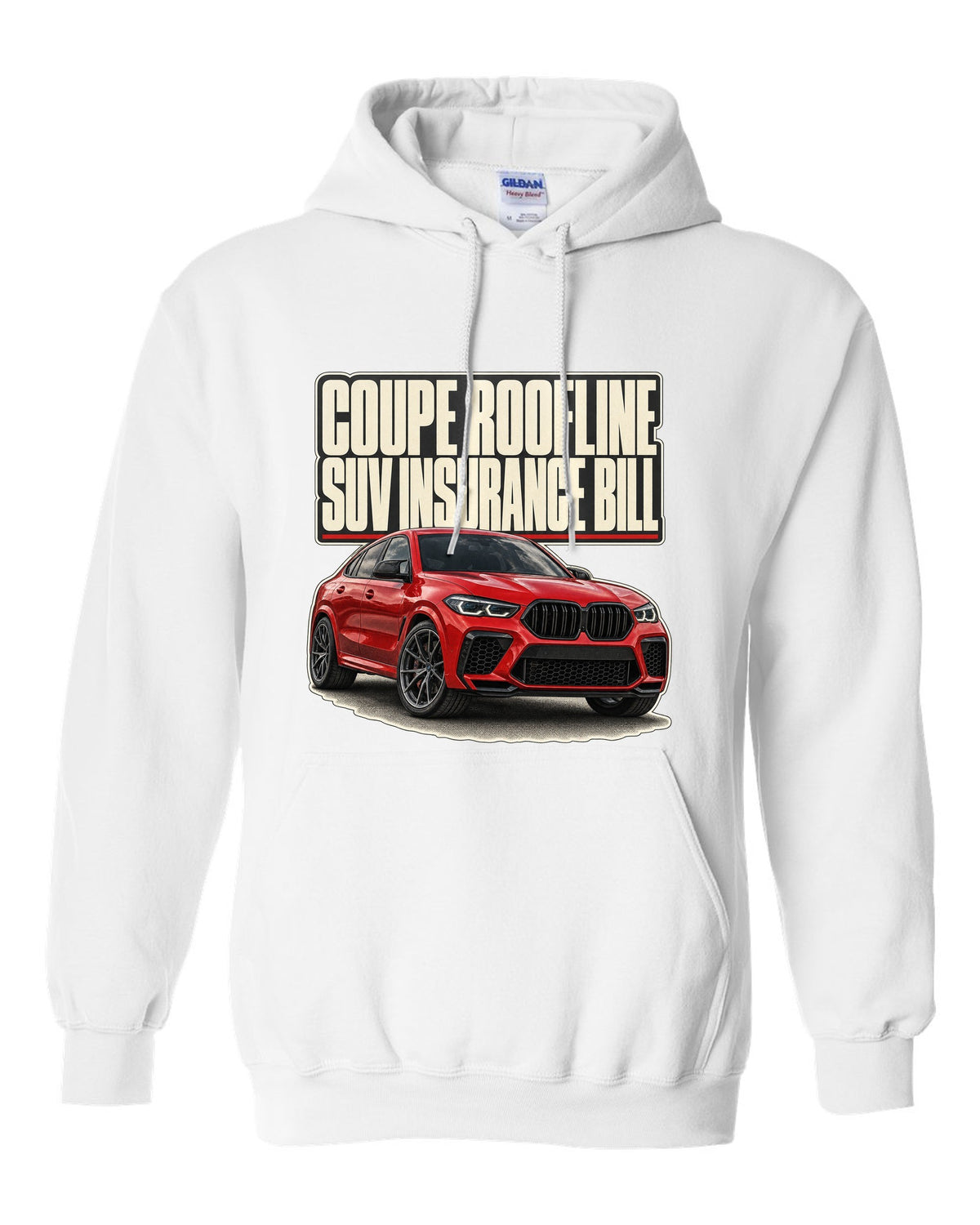 BMW X6 M Competition F96 editorial headline print on a tee white pull over hoodie front view with the design