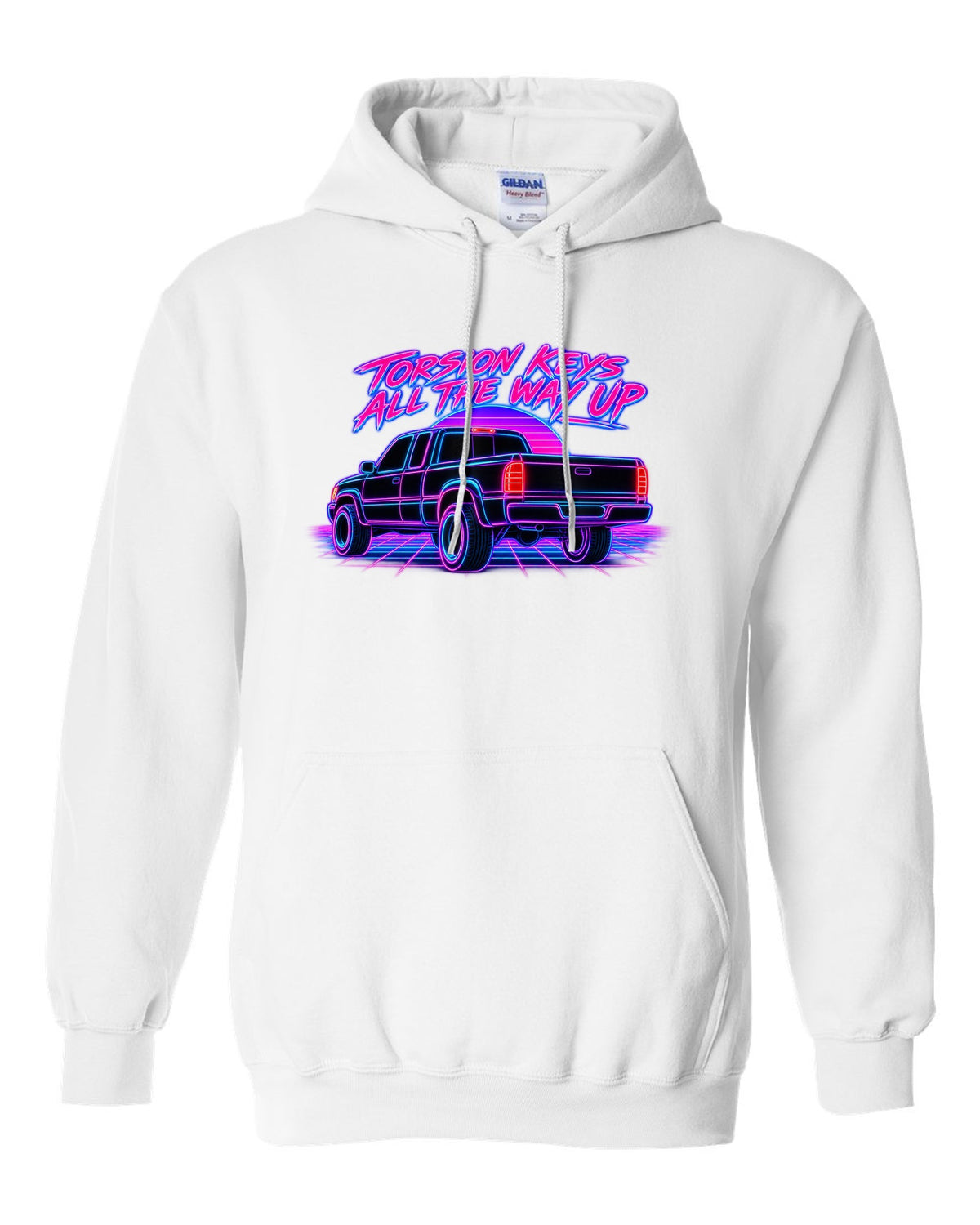 Neon synthwave line print of a 1988-98 Chevrolet GMT400 C1500 OBS extended cab taillight white pull over hoodie front view with the design