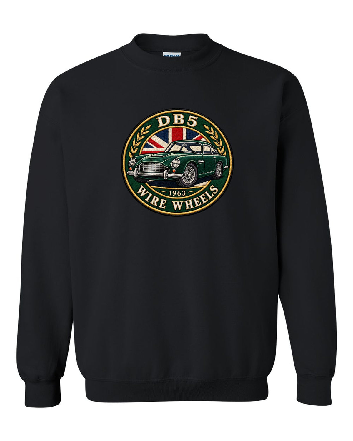 Aston Martin DB5 varsity crest with DB5 1963 WIRE WHEELS lettering black crewneck front view with the design
