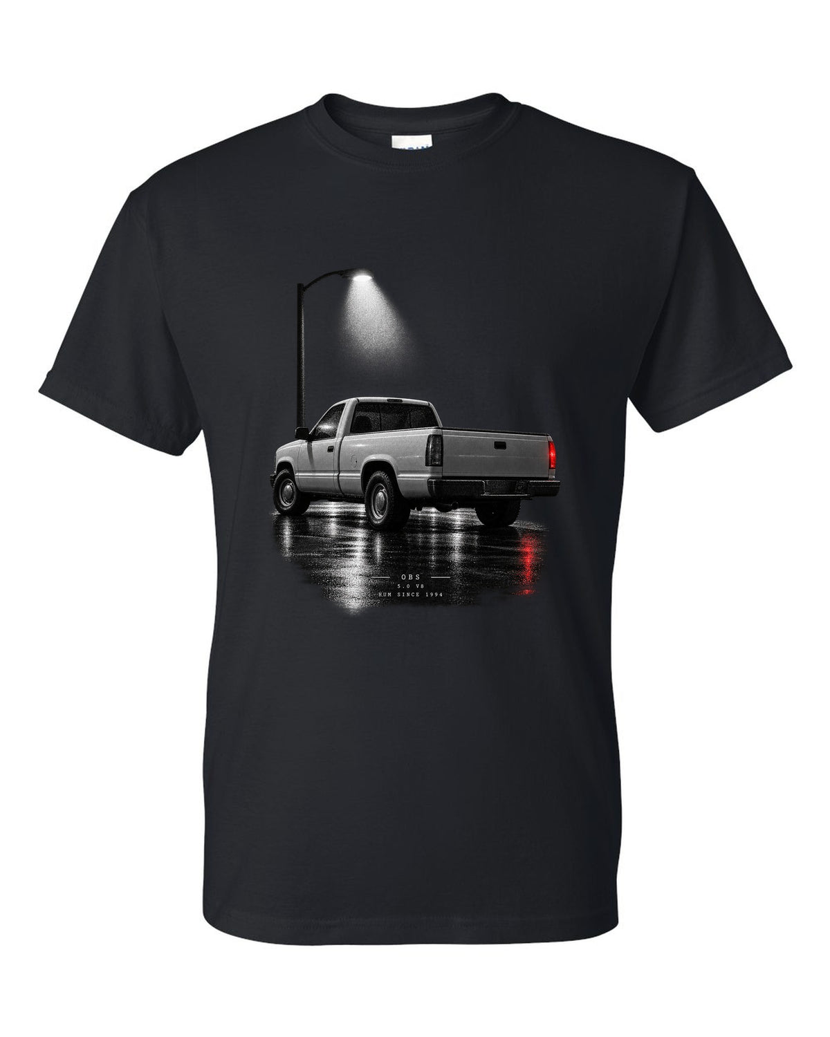 Night garage print of a 1992-97 Ford F-150 OBS truck with 5.0 V8 lettering black t-shirt front view with the design
