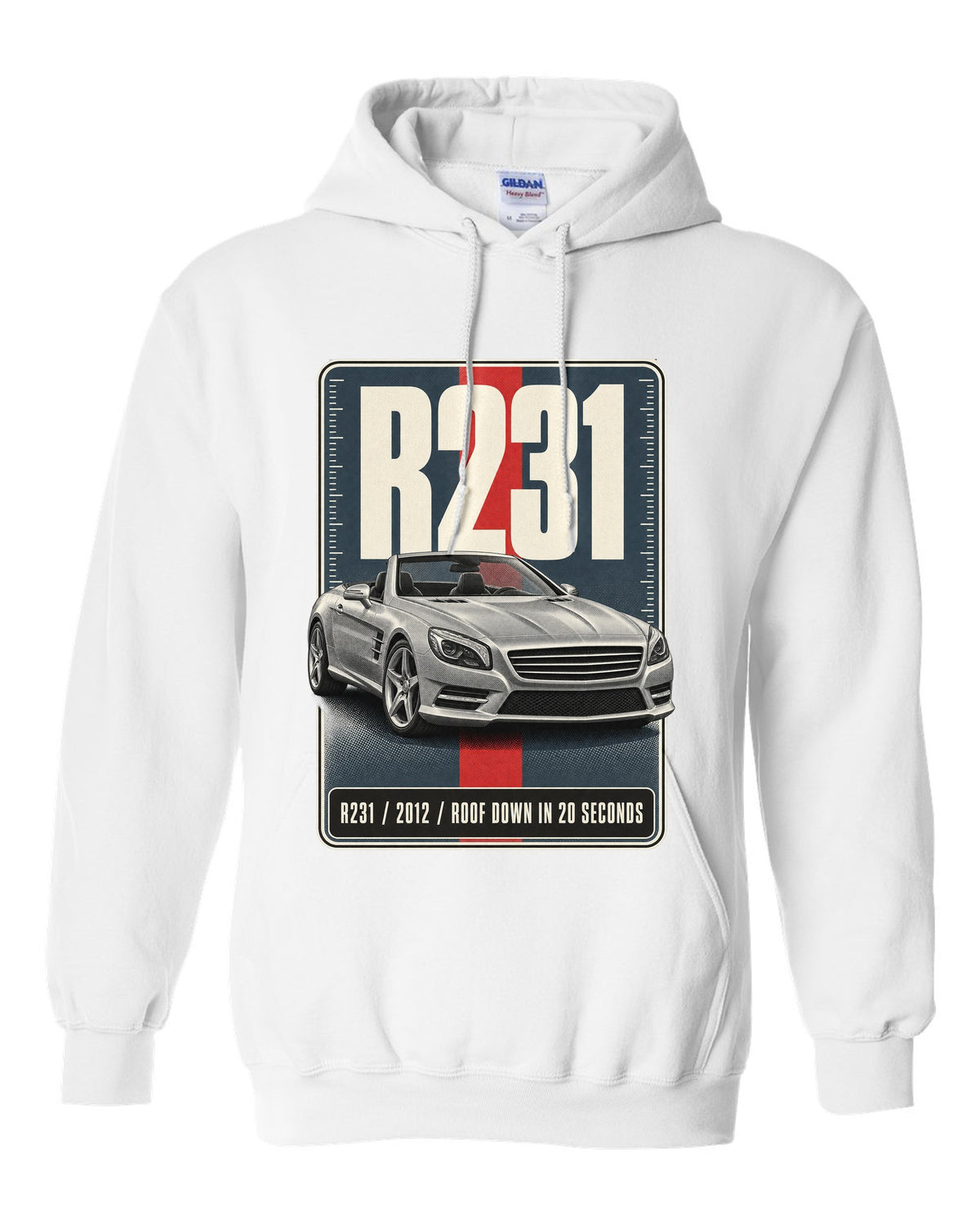 Mercedes-Benz SL R231 low front three-quarter halftone print in warm grey white pull over hoodie front view with the design