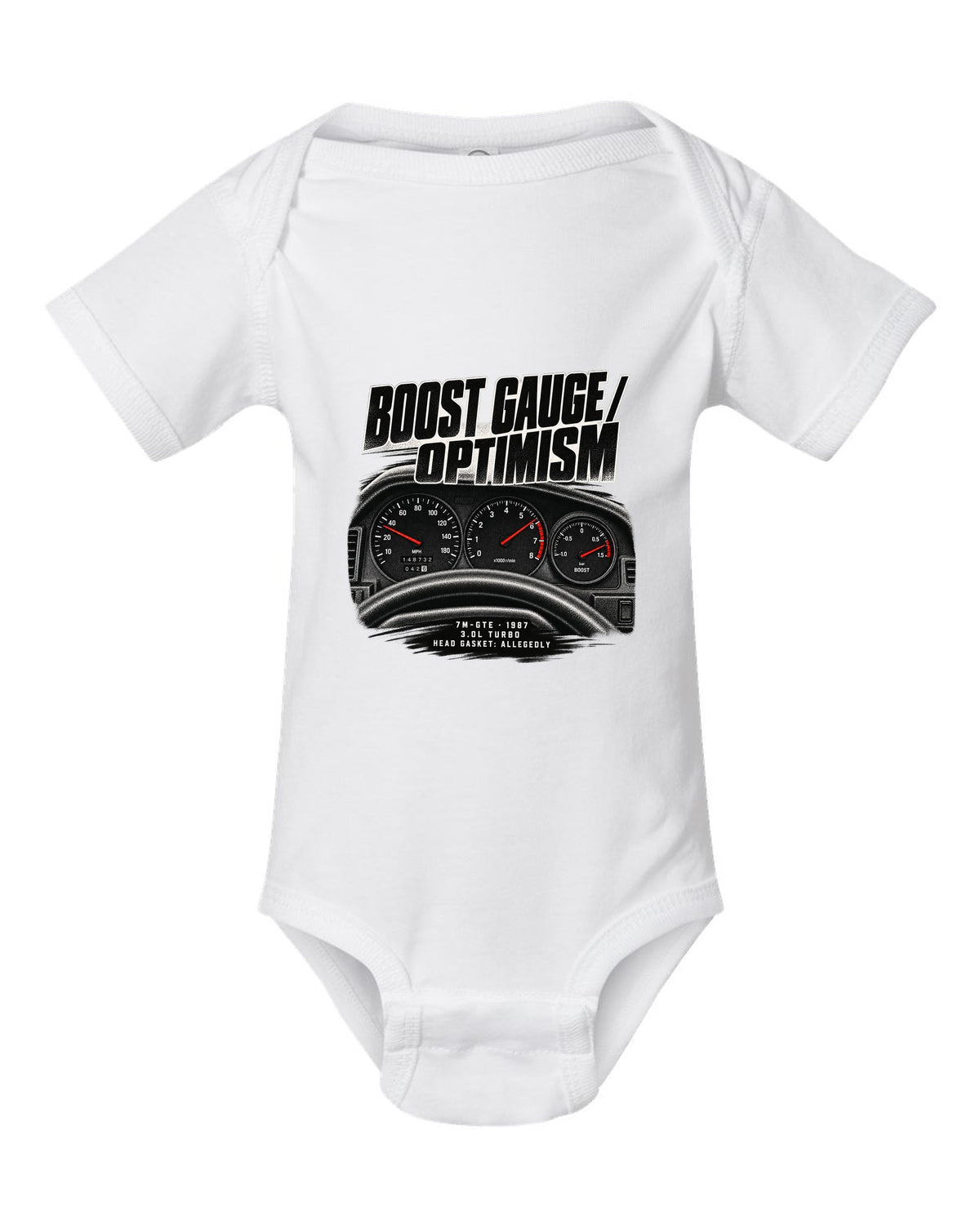 Cockpit gauge print for a Toyota Supra A70 MA70 with the text Boost Gauge Optimism 7M-GTE 1987 white baby onesie front view with the design