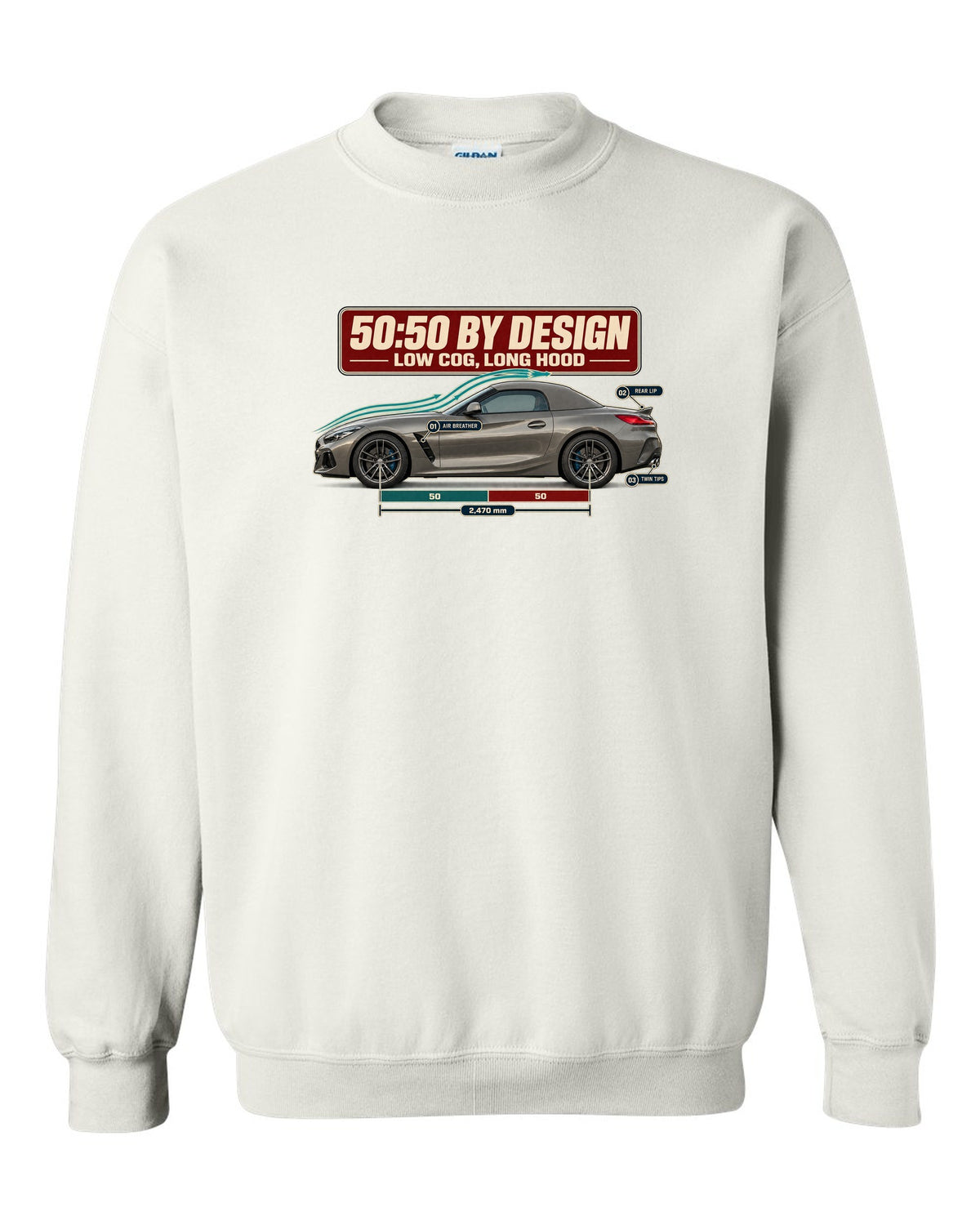 Aero cutaway callout print of the BMW Z4 G29 with 50:50 and long hood notes white crewneck front view with the design