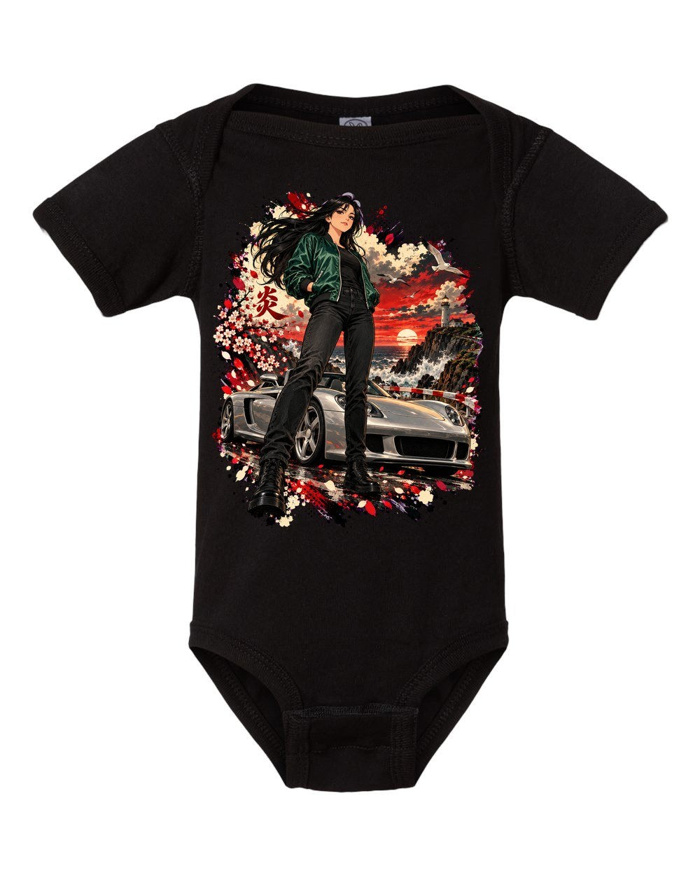 Porsche Carrera GT Anime Girl Baby Onesie Black front