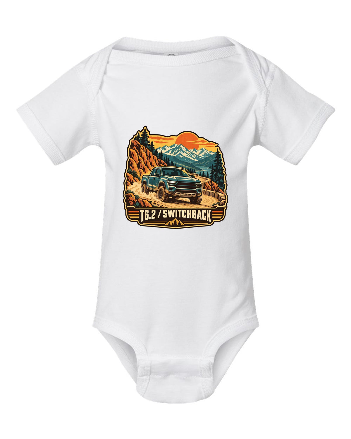 Vintage travel poster print of a 2022-present Ford Ranger T6.2 P703 on a switchback road white baby onesie front view with the design